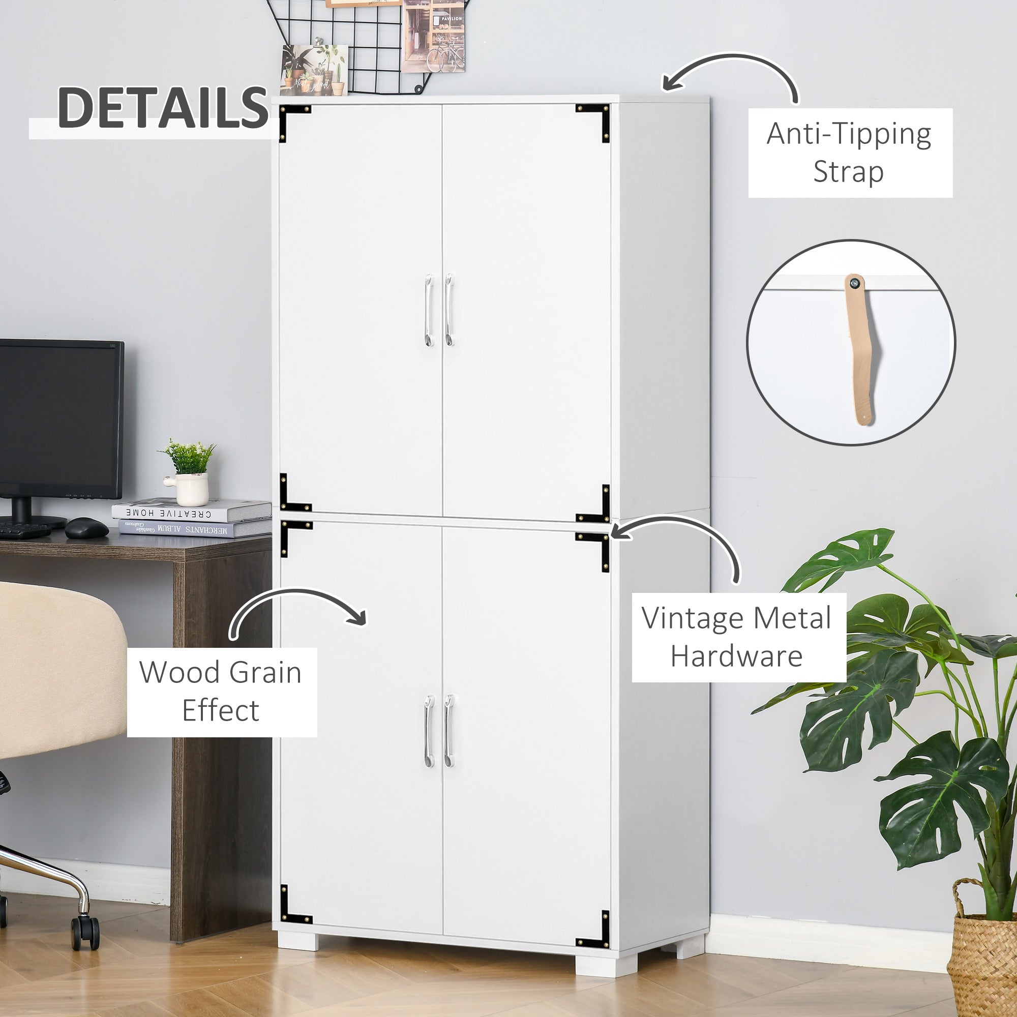 Industrial Kitchen Pantry Cabinet with 4 Doors and Storage Shelves, White