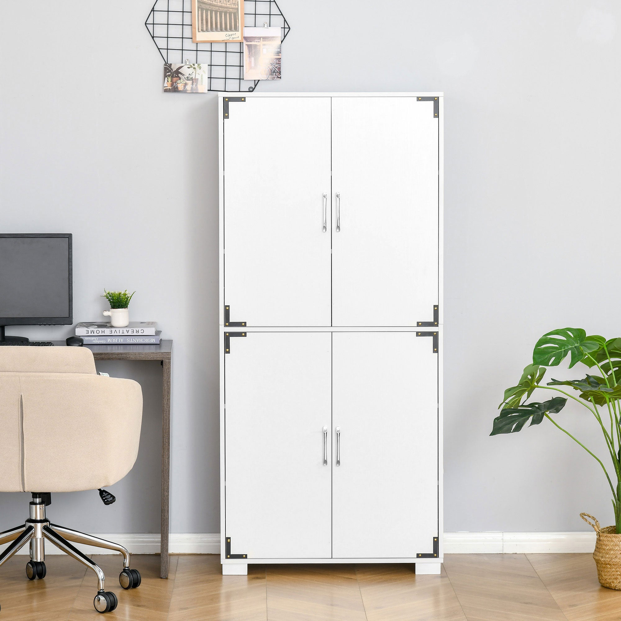 Industrial Kitchen Pantry Cabinet with 4 Doors and Storage Shelves, White