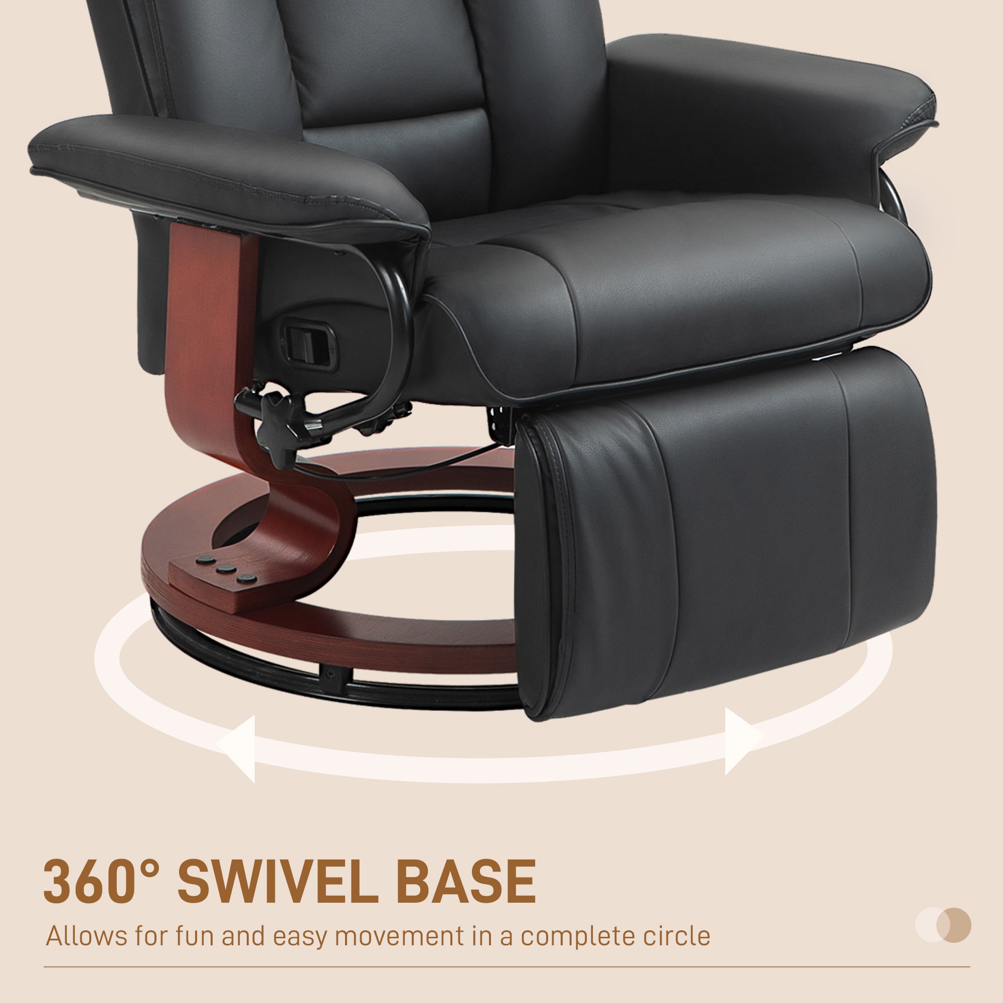 Manual Swivel Recliner Chair, PU Leather Reclining Chair with Footrest for Living Room, Black