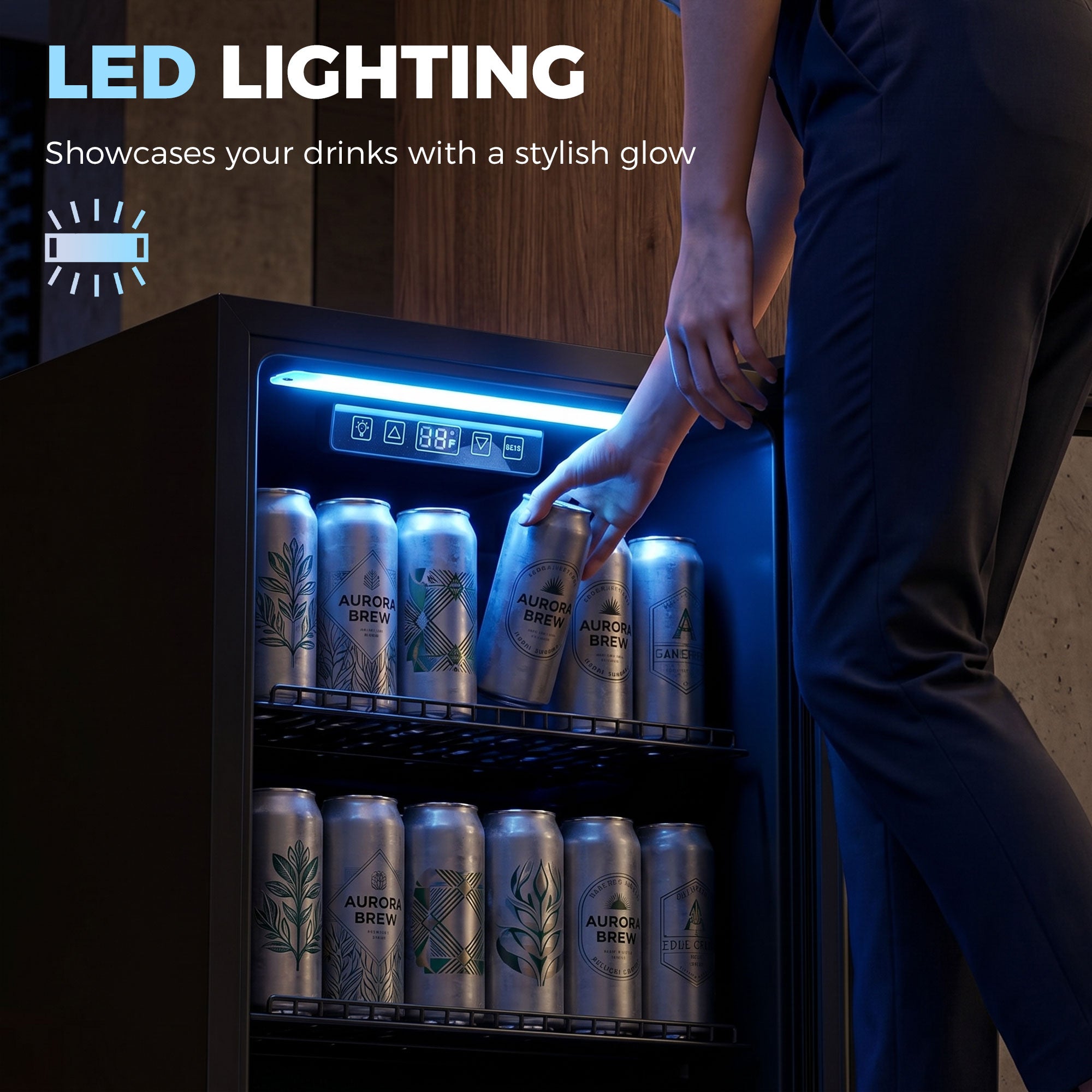 90L Drinks Fridge, 139 Can Under Counter Freestanding Beer Fridge with Double-Layer Glass Door, Wine Cooler with LED Light, Adjustable Shelves, Beverage Cooler for Soda Beer, Home Office