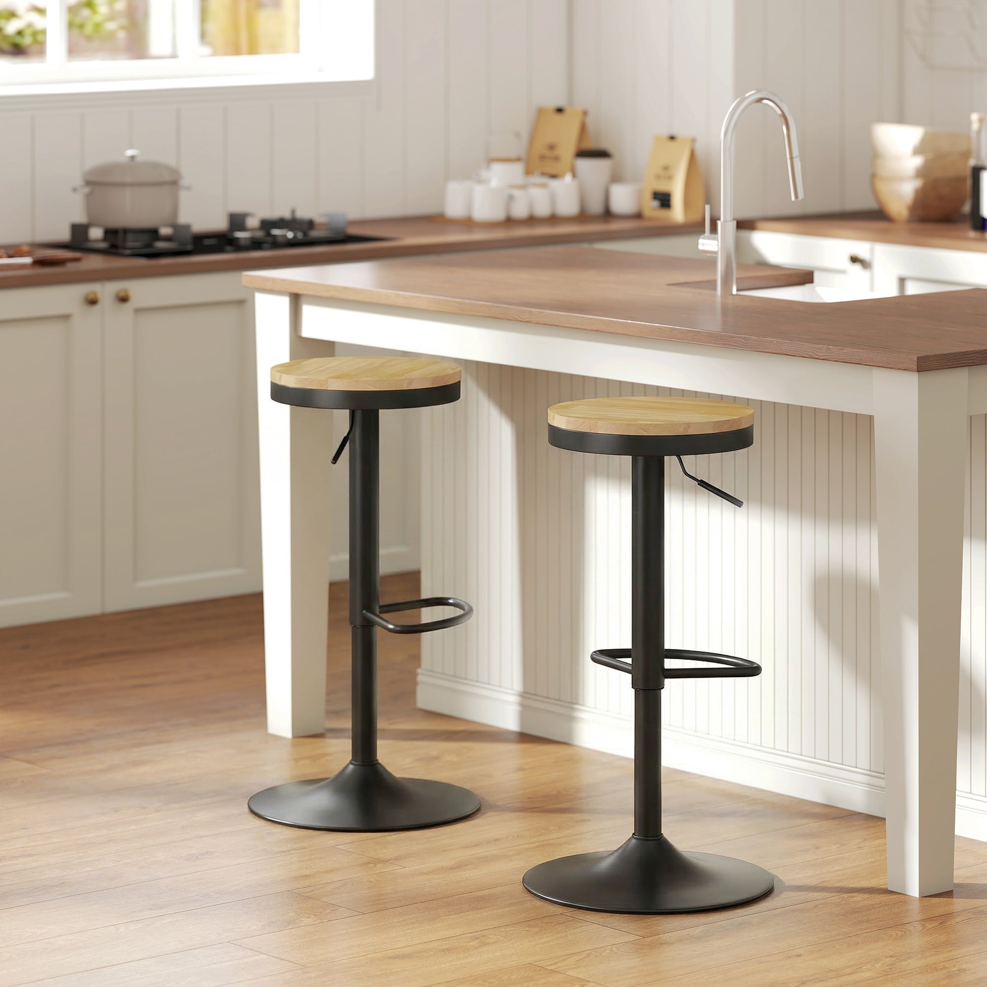 Wooden Bar Stools Set of 2, Adjustable Swivel Barstools with Rubber Wood Seat, Modern Bar Chairs for Kitchen Counter, Breakfast Island, Natural Wood and Black