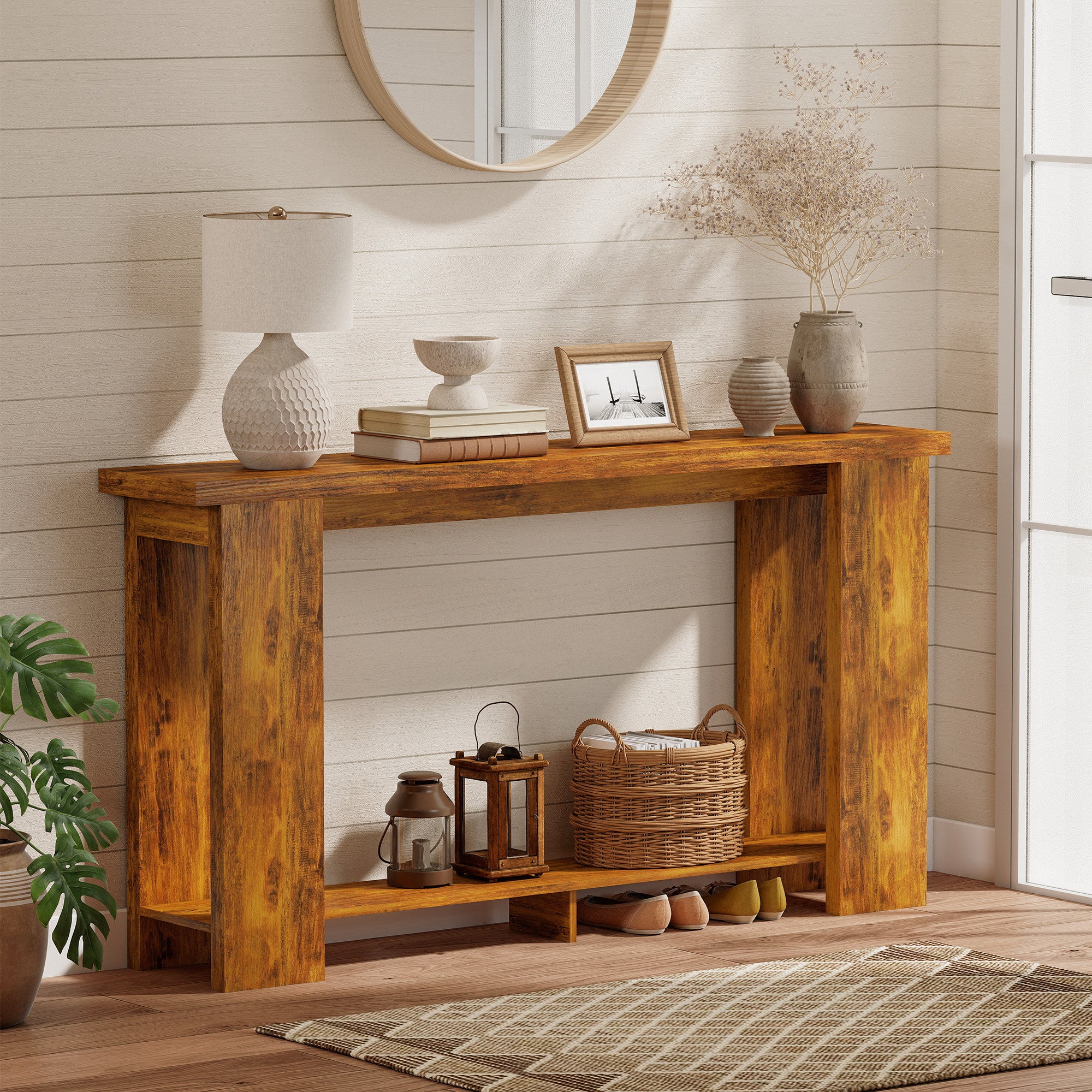 Farmhouse Console Table, 63" Narrow Entryway Table with Storage Shelf and Thickened Tabletop for Living Room, Hallway, Entrance, Distressed Brown
