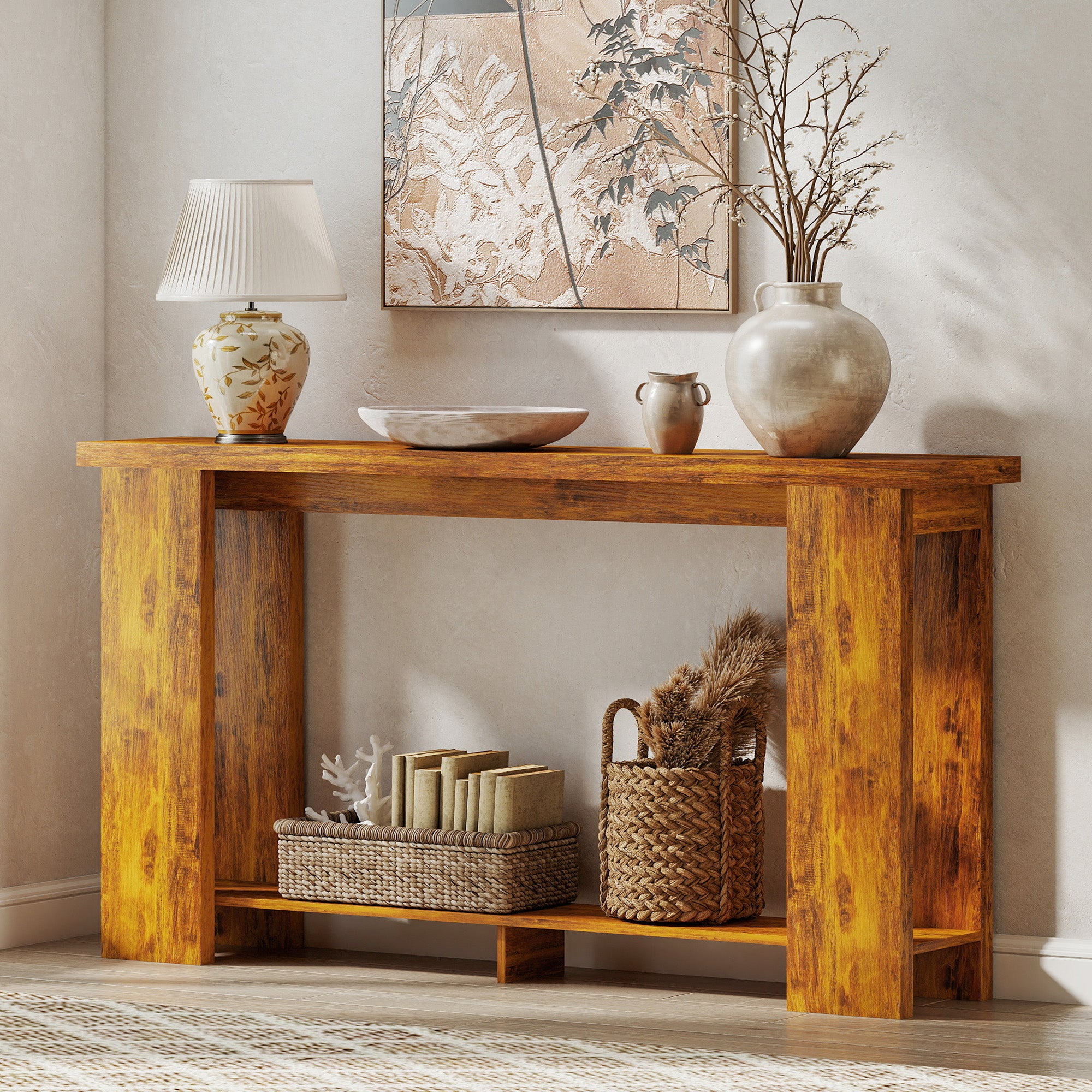 Farmhouse Console Table, 63" Narrow Entryway Table with Storage Shelf and Thickened Tabletop for Living Room, Hallway, Entrance, Distressed Brown