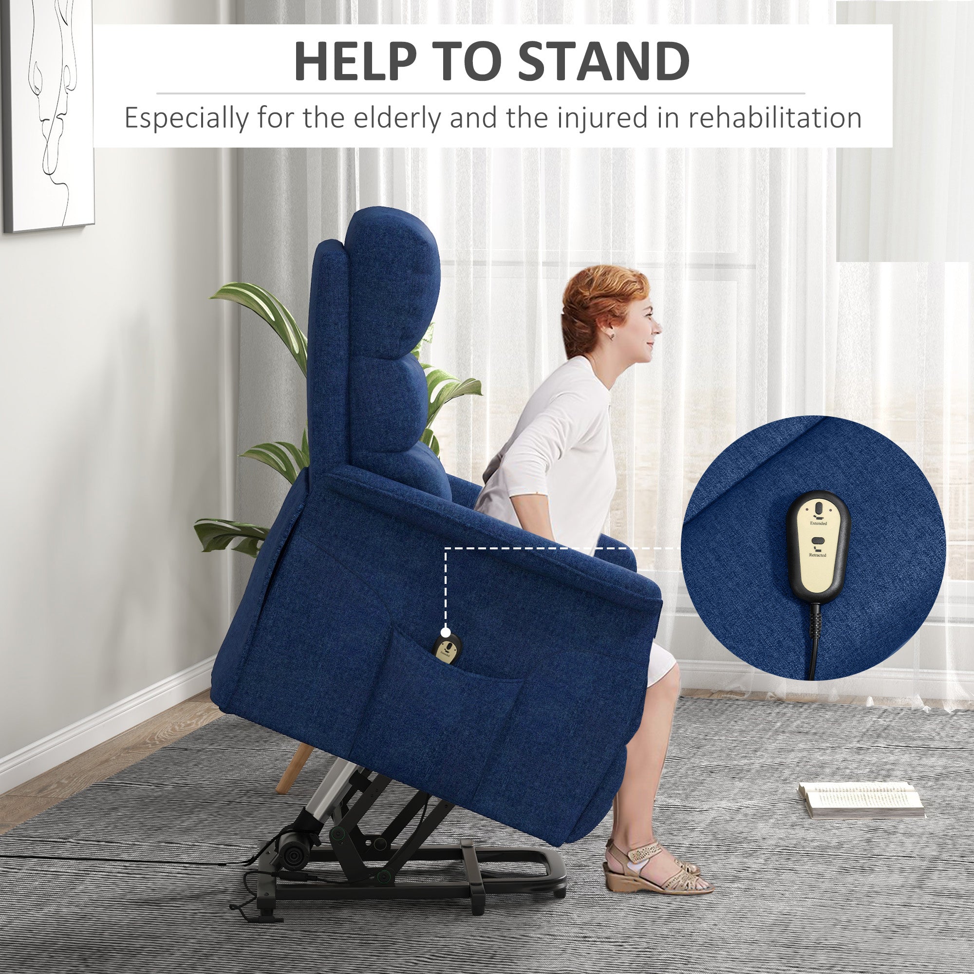 Electric Power Lift Chair with 135° Recline & Remote Control for Elderly Comfort, Dark Blue