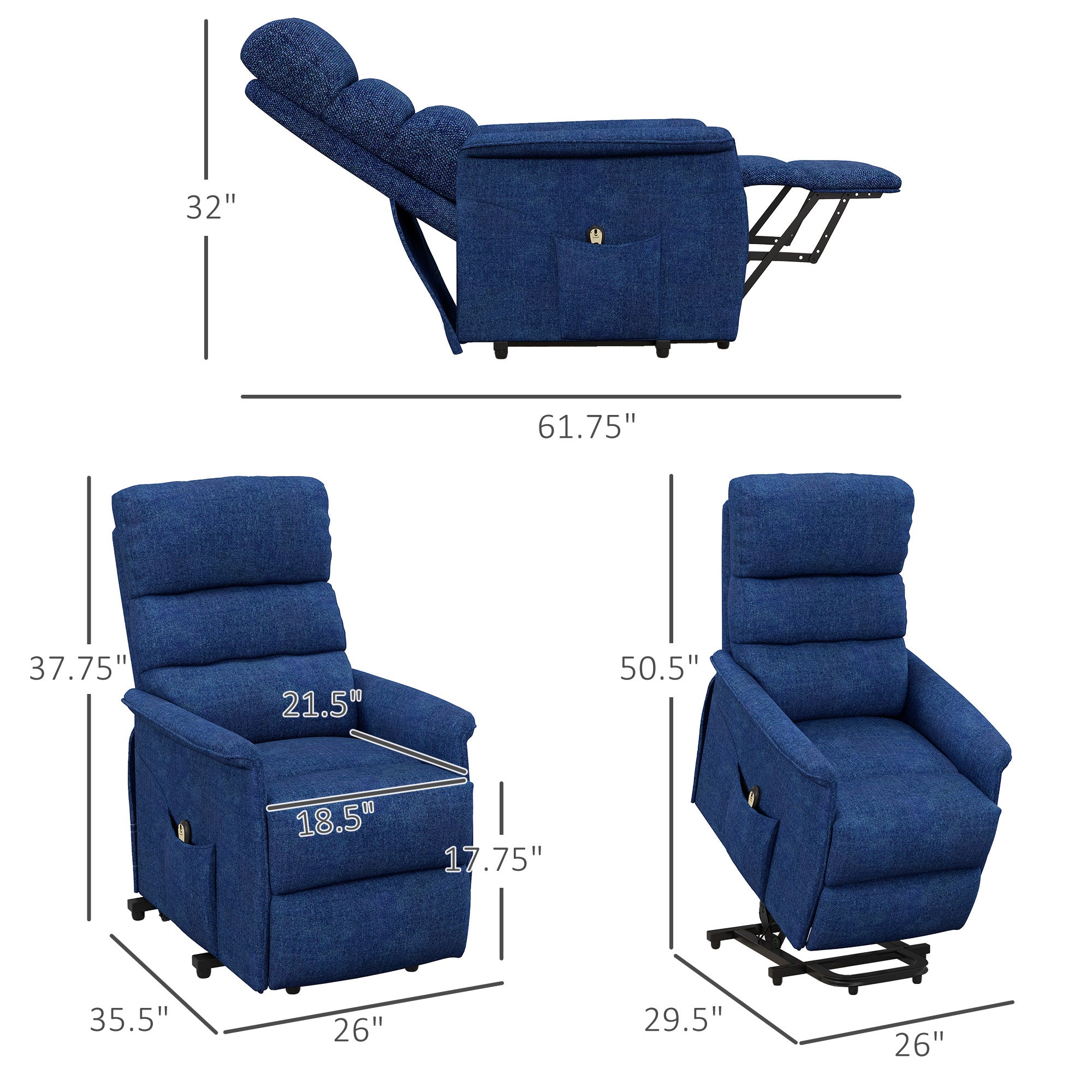 Electric Power Lift Chair with 135° Recline & Remote Control for Elderly Comfort, Dark Blue