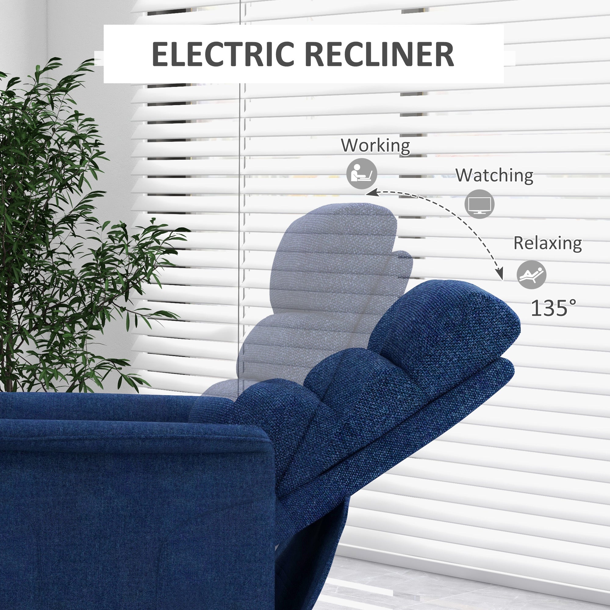 Electric Power Lift Chair with 135° Recline & Remote Control for Elderly Comfort, Dark Blue