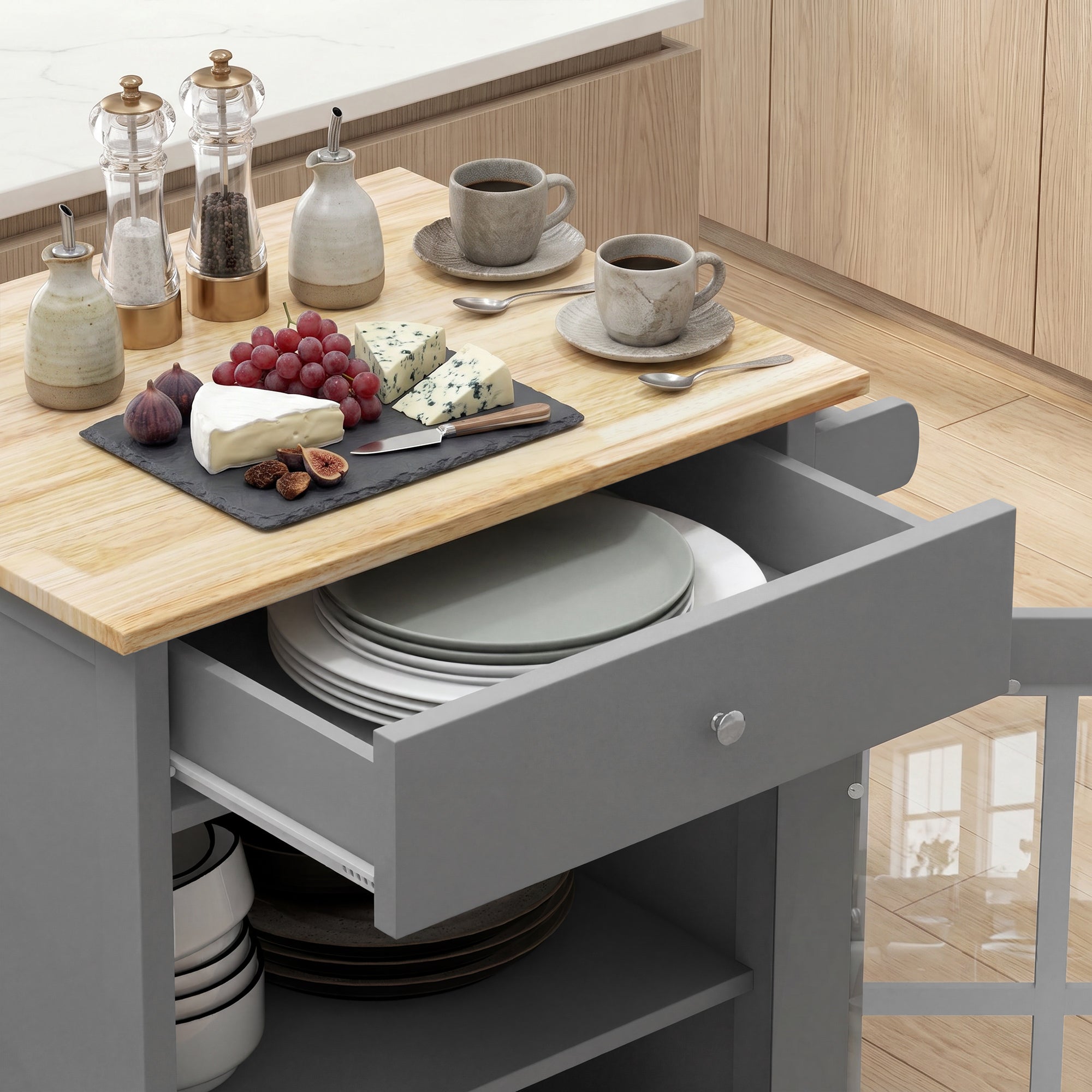 Rolling Kitchen Cart with Drawer and Glass Door Cabinet, Kitchen Island on Wheels with Adjustable Shelf and Towel Rack (Dark Grey)