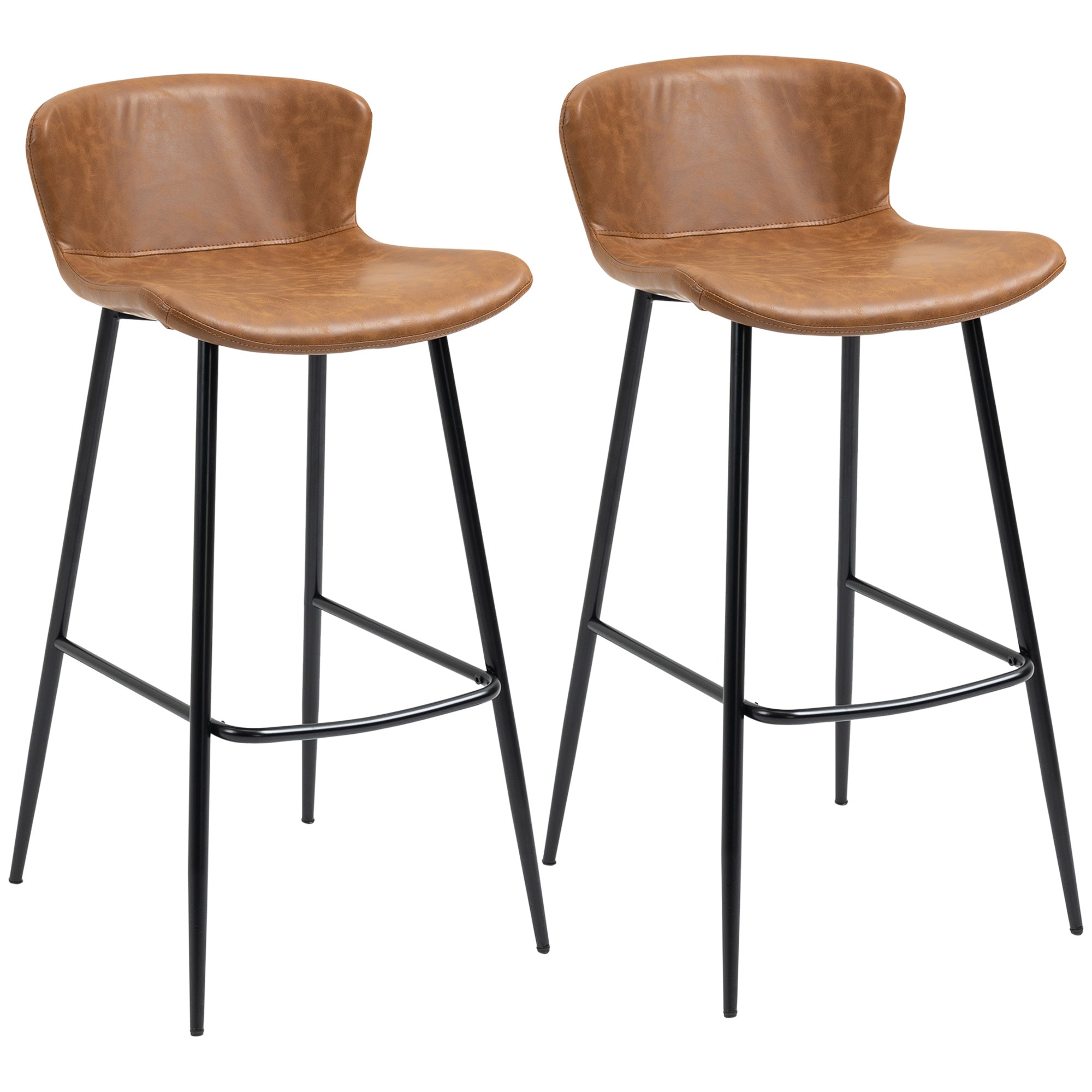 HOMCOM Bar Stools Set of 2, PU Leather Upholstered Bar Chairs, Kitchen Stools with Backs and Steel Legs for Dining Room, Brown