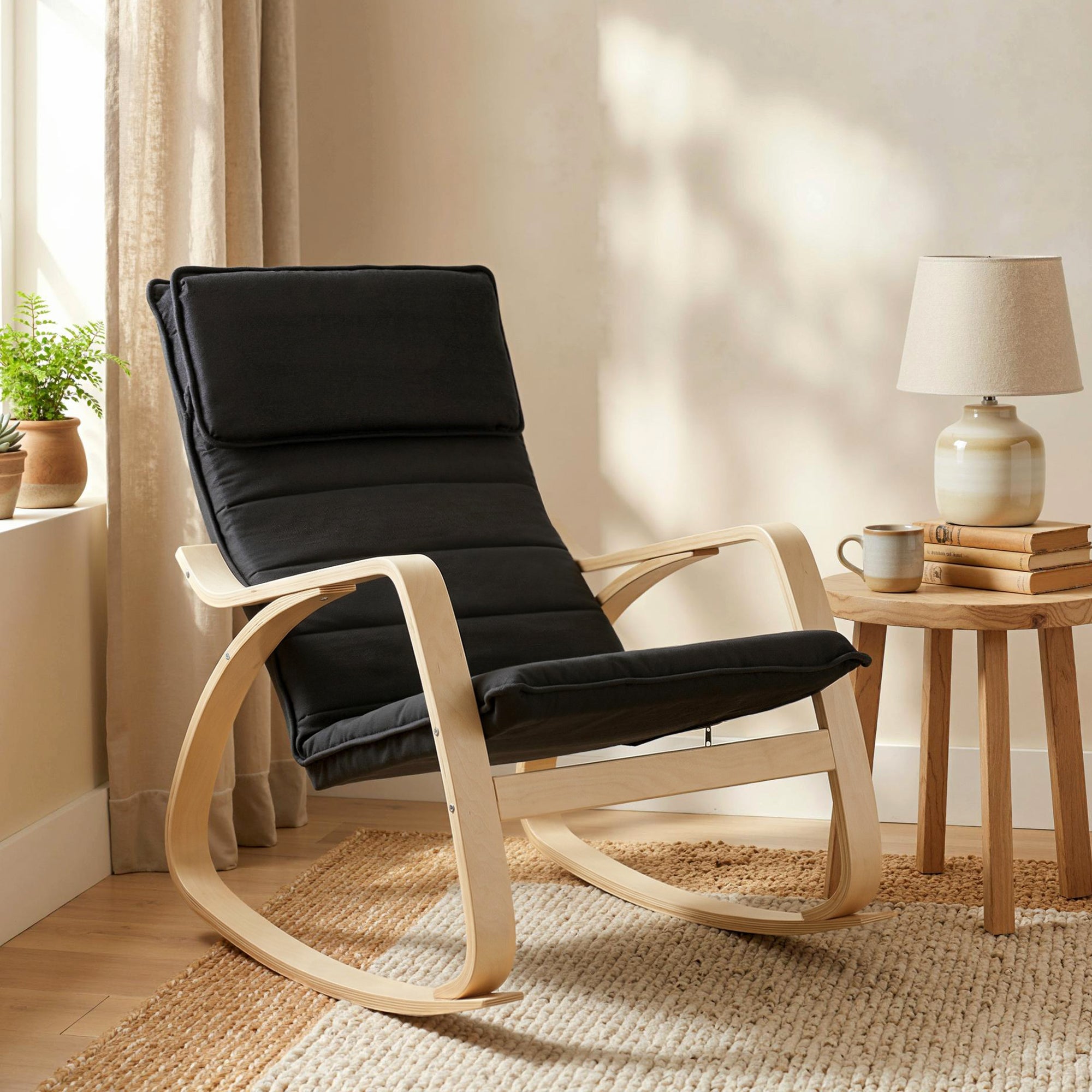 Comfortable Relax Rocking Chair, Upholstered Lounge Chair with High Back and Headrest for Living Room, Bedroom, Black