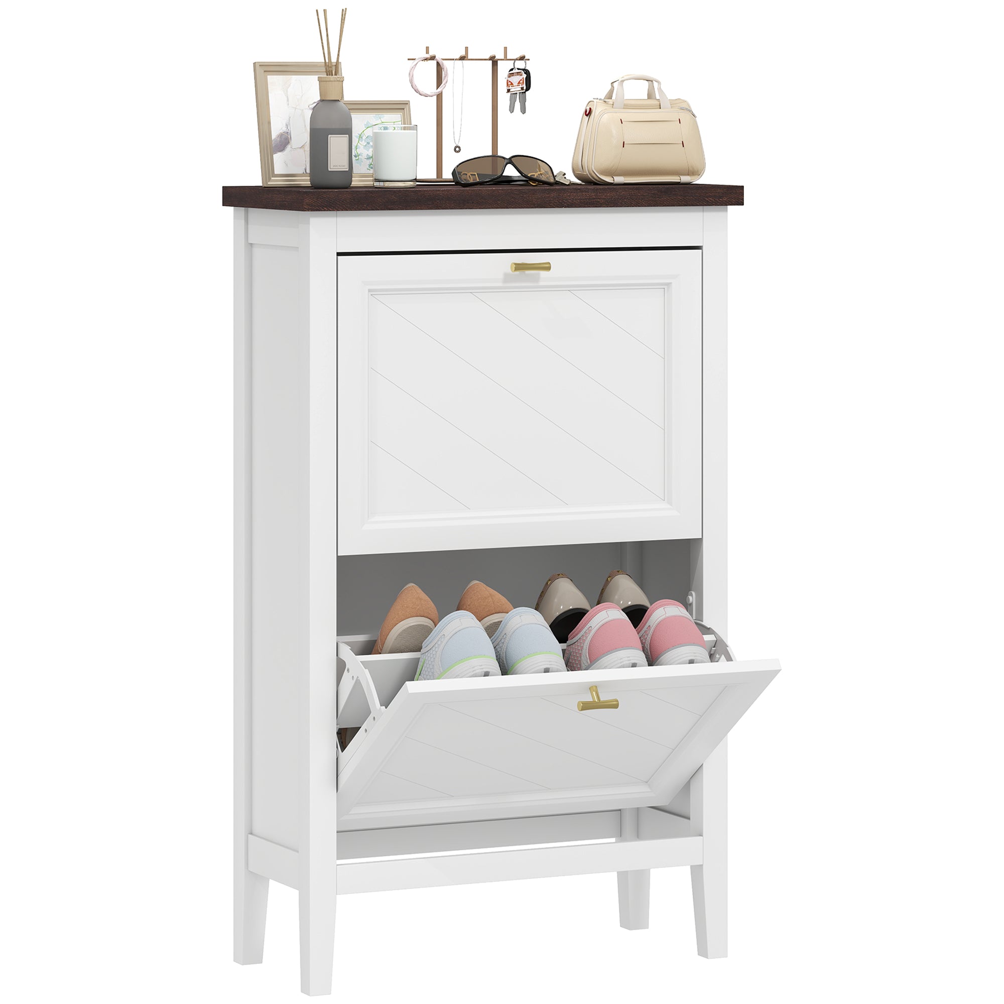 Shoe Cabinet with 2 Flip Drawers, Farmhouse Narrow Shoe Storage Cabinet with Adjustable Shelves, Freestanding for Entryway, Hallway, Living Room, Holds 8-12 Pairs, White
