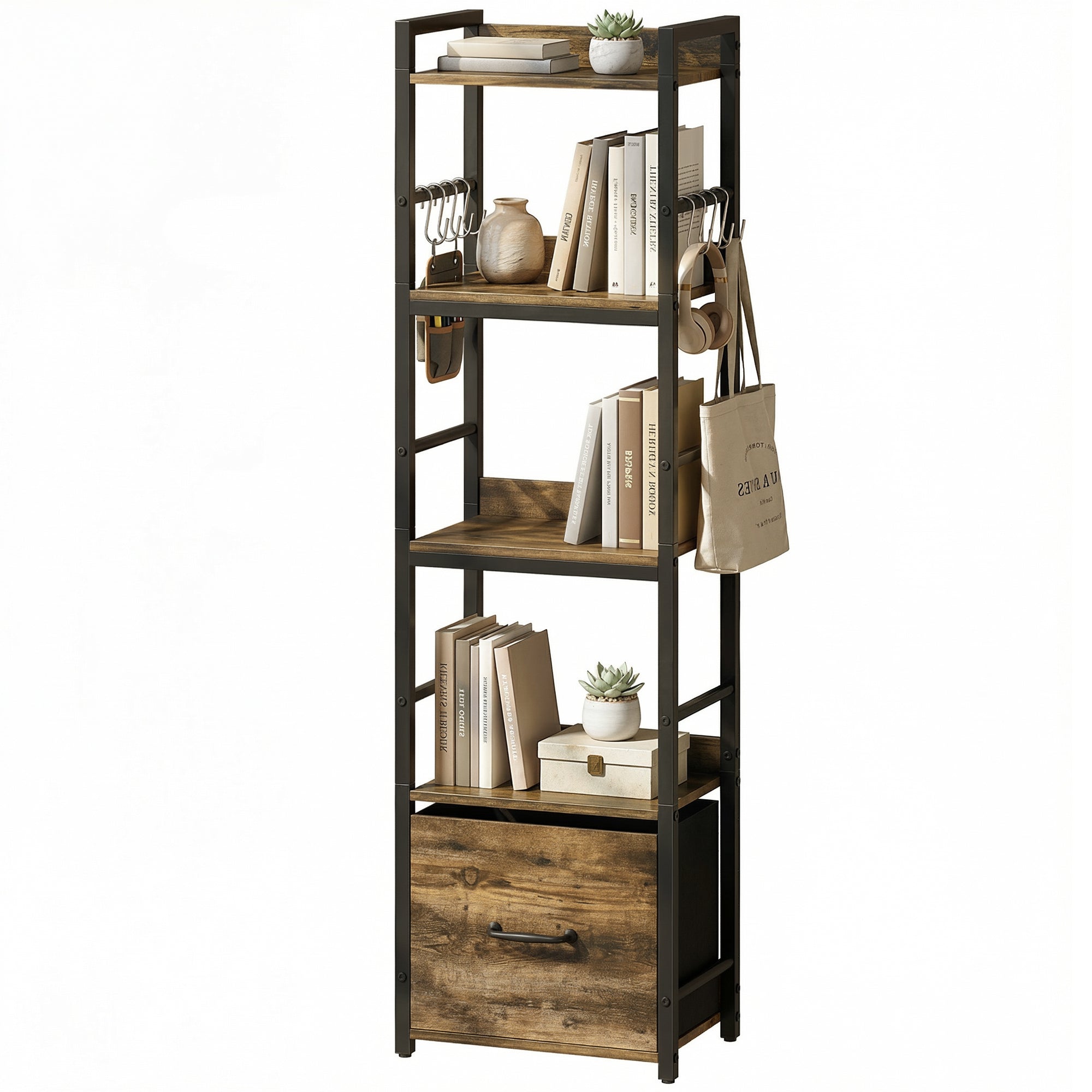 4-Tier Bookshelf, Narrow Bookcase with Drawer, 8 Hooks, Metal Frame, Shelving Unit for Living Room, Bedroom, Home Office, 39 x 26 x 136.5 cm, Rustic Brown