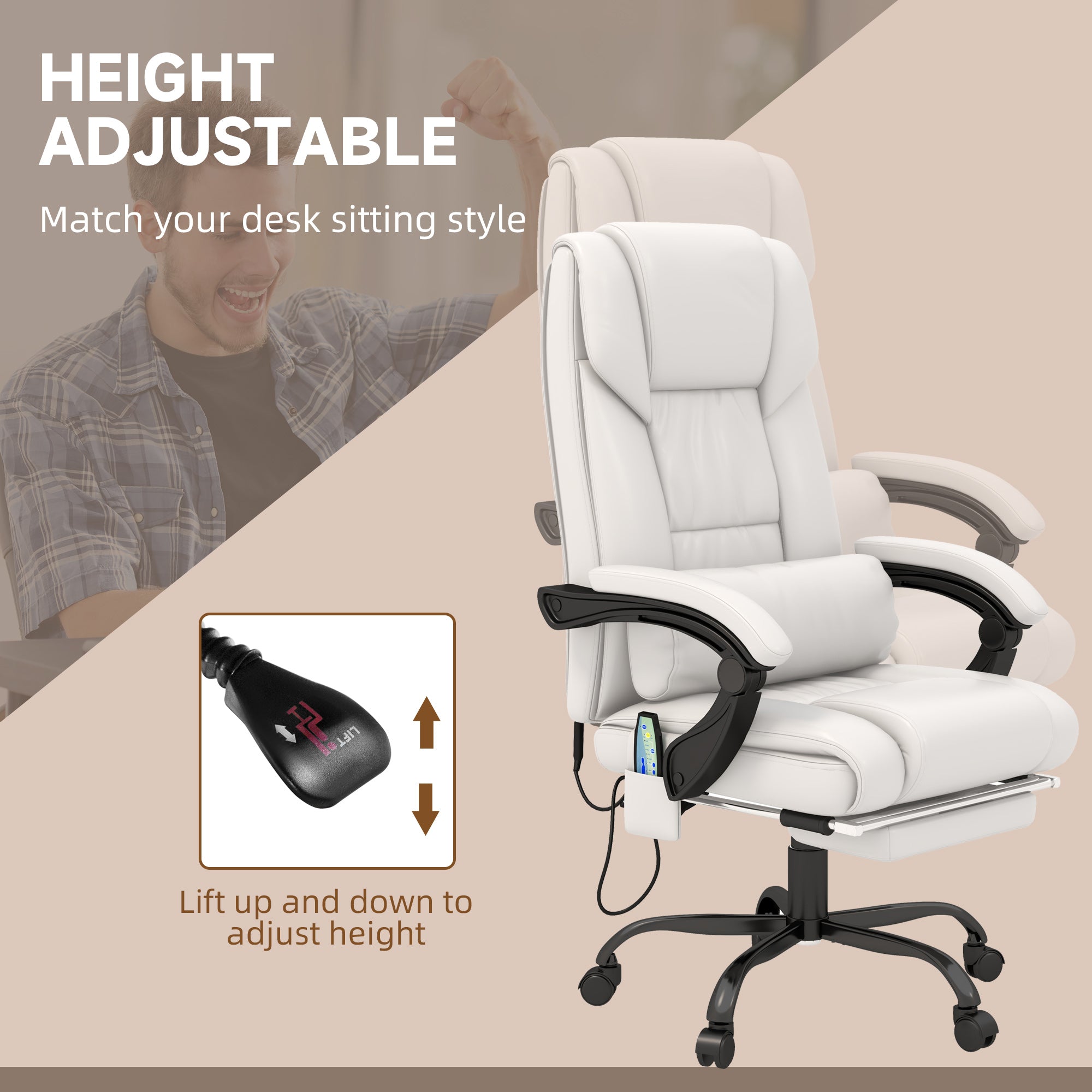 6 Vibrating Points Massage Office Chair, High Back Reclining Chair w/ Footrest, White