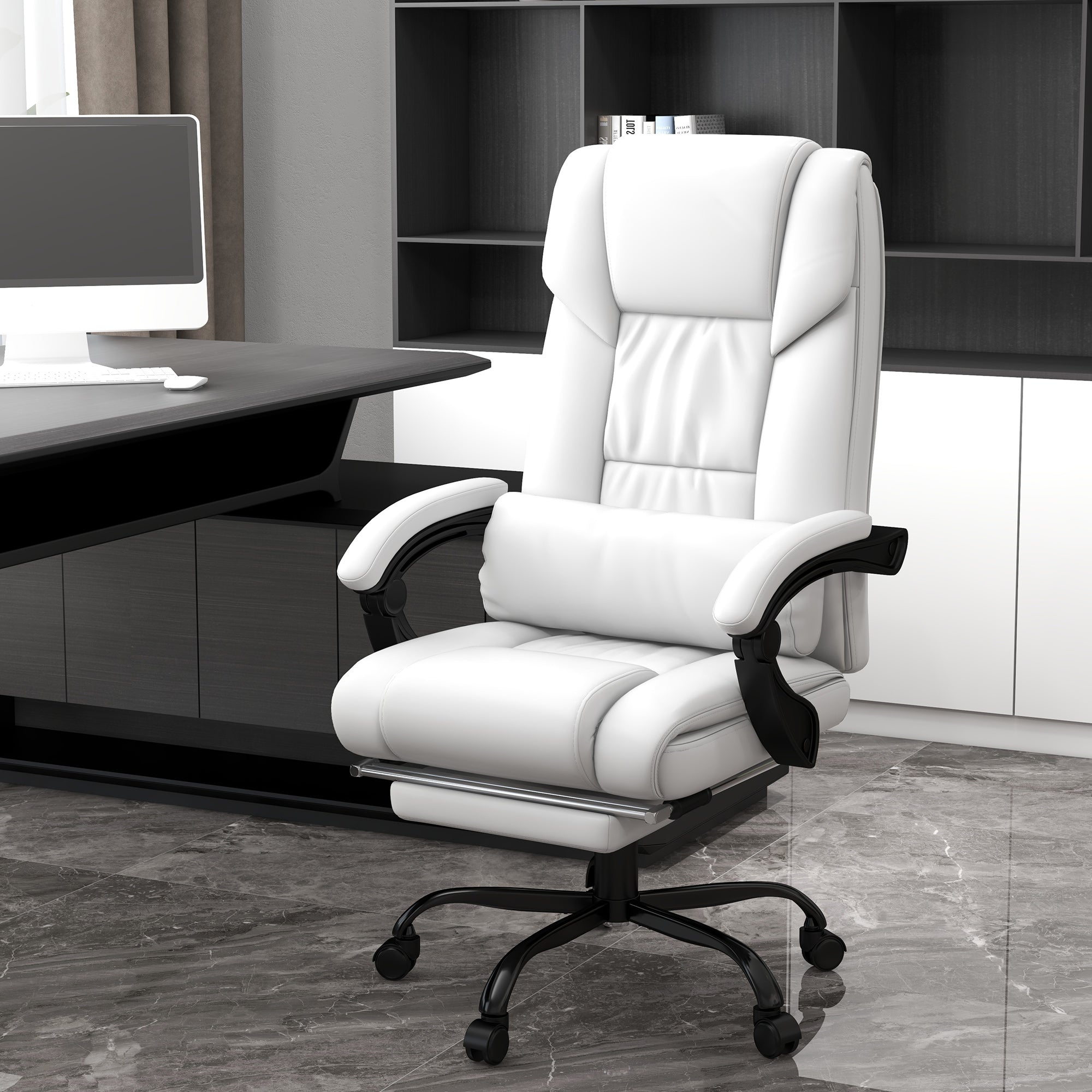 6 Vibrating Points Massage Office Chair, High Back Reclining Chair w/ Footrest, White