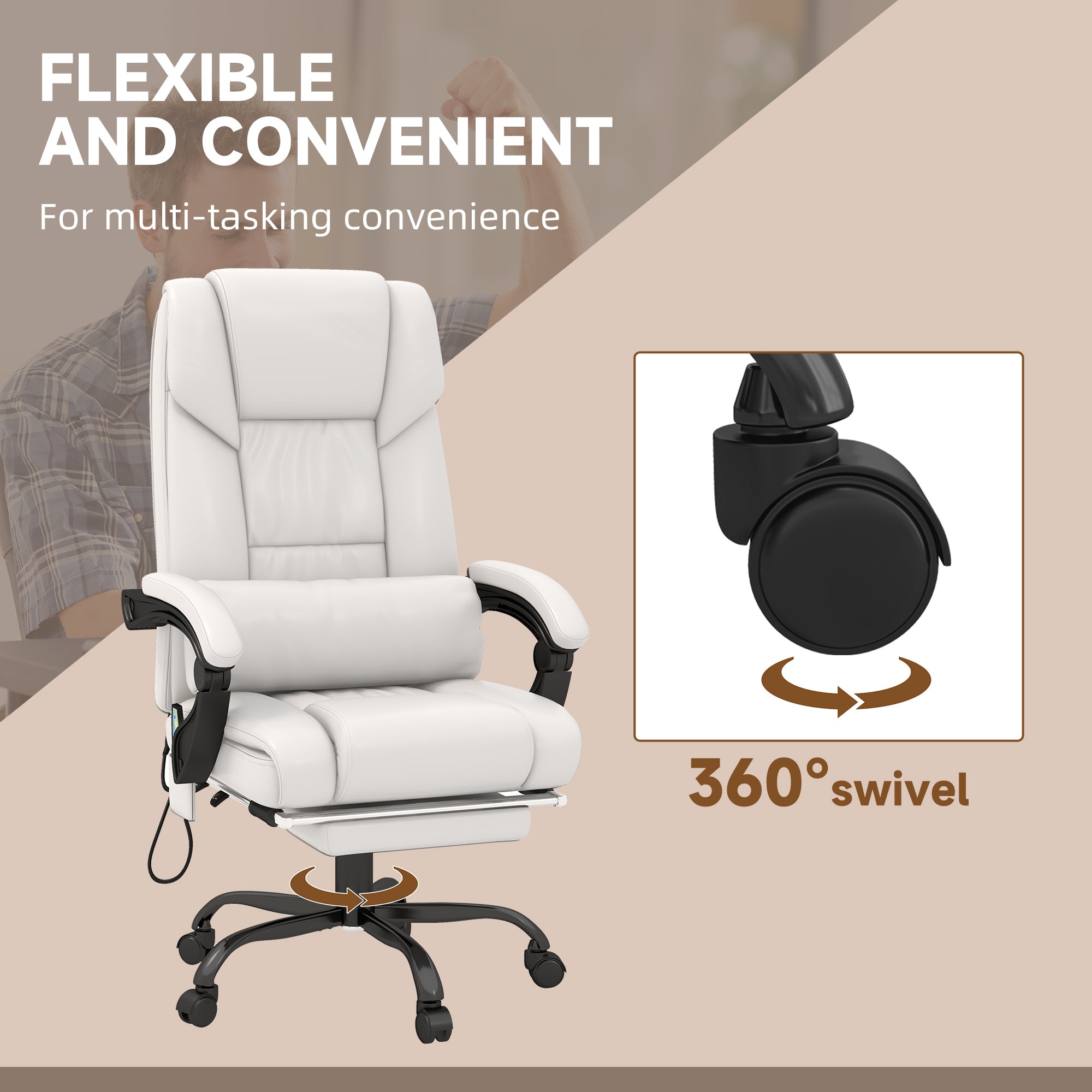 6 Vibrating Points Massage Office Chair, High Back Reclining Chair w/ Footrest, White