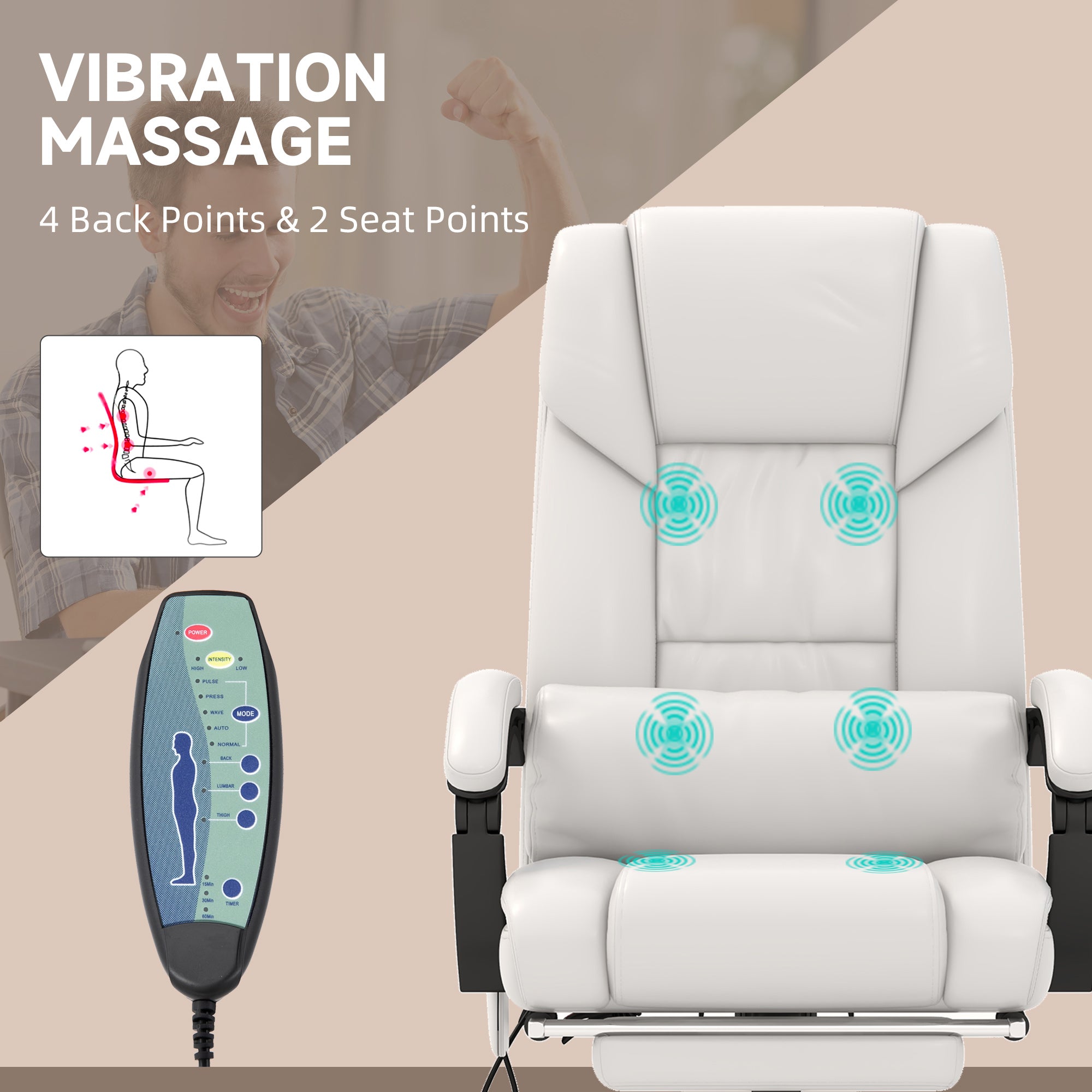 6 Vibrating Points Massage Office Chair, High Back Reclining Chair w/ Footrest, White