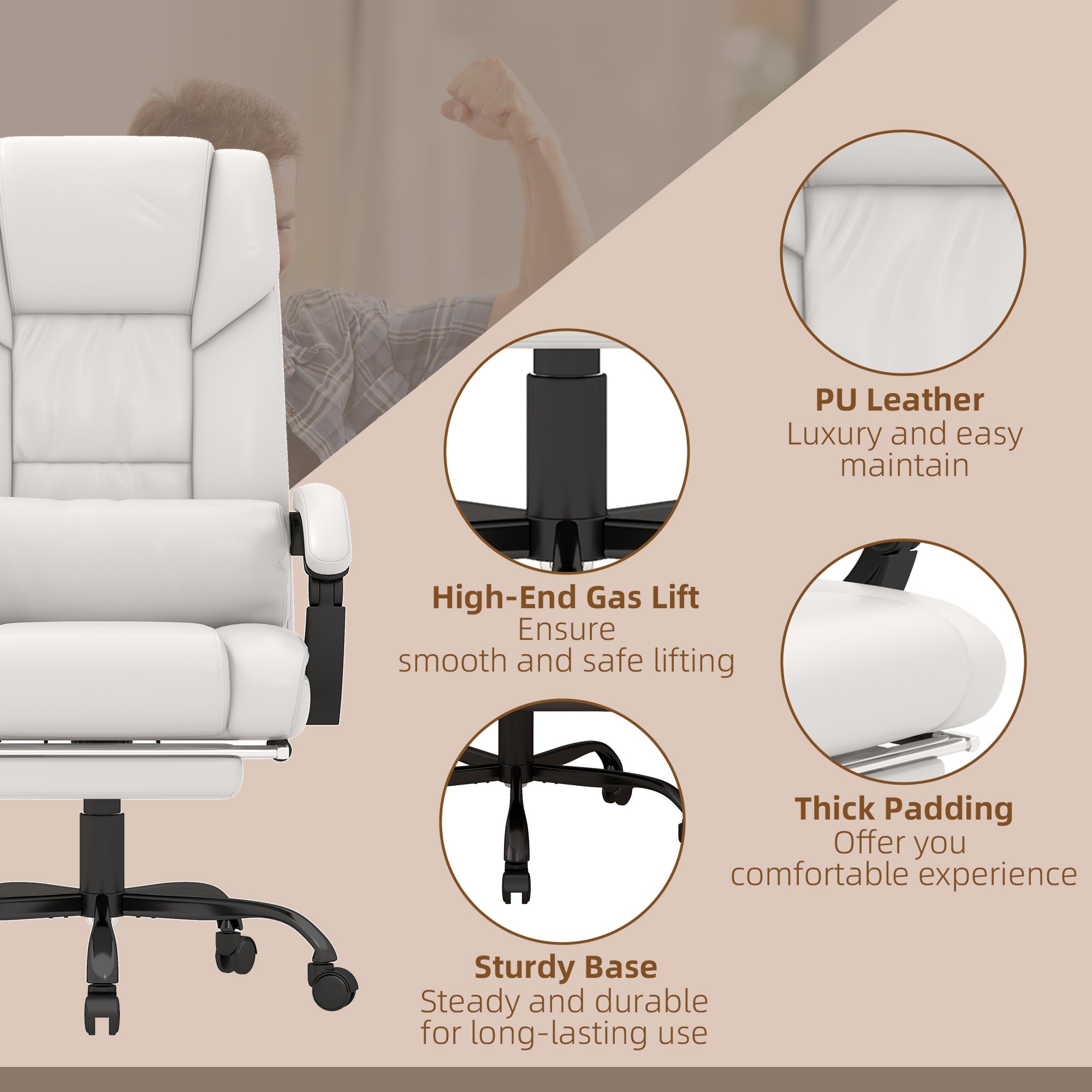 6 Vibrating Points Massage Office Chair, High Back Reclining Chair w/ Footrest, White