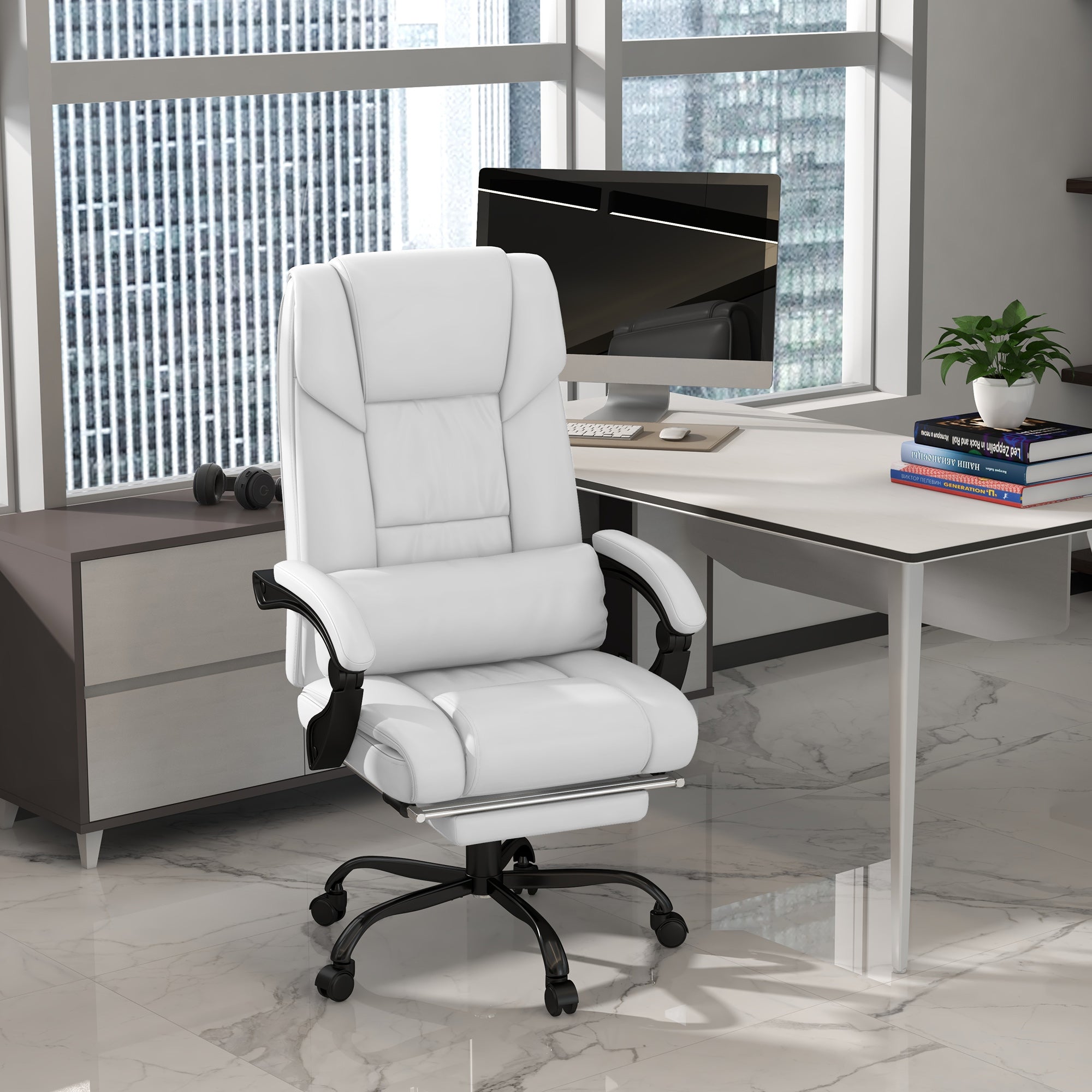 6 Vibrating Points Massage Office Chair, High Back Reclining Chair w/ Footrest, White
