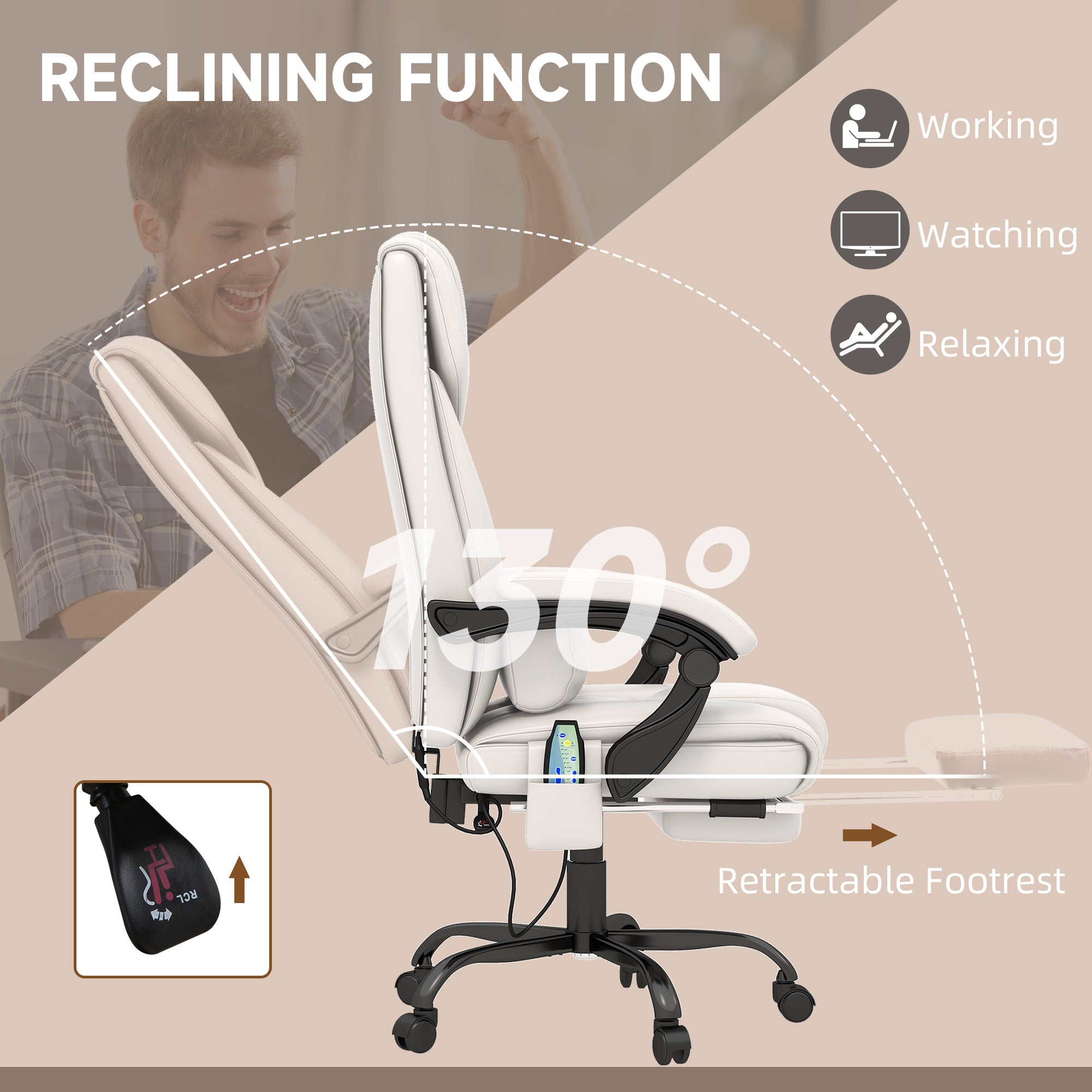 6 Vibrating Points Massage Office Chair, High Back Reclining Chair w/ Footrest, White