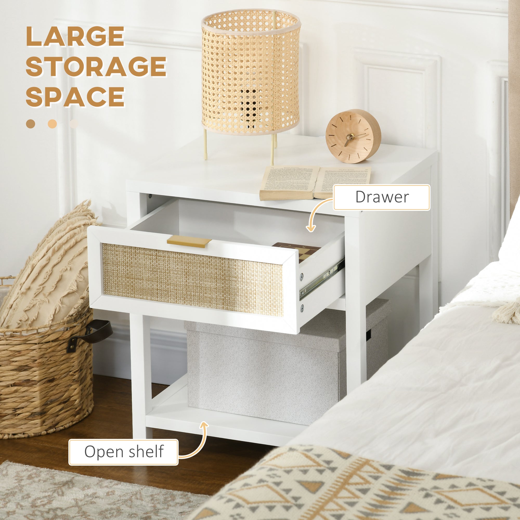 HOMCOM Bedside Table, Boho Nightstand with Drawer, Open Shelf and Rattan Element, Small Side Table for Bedroom, White