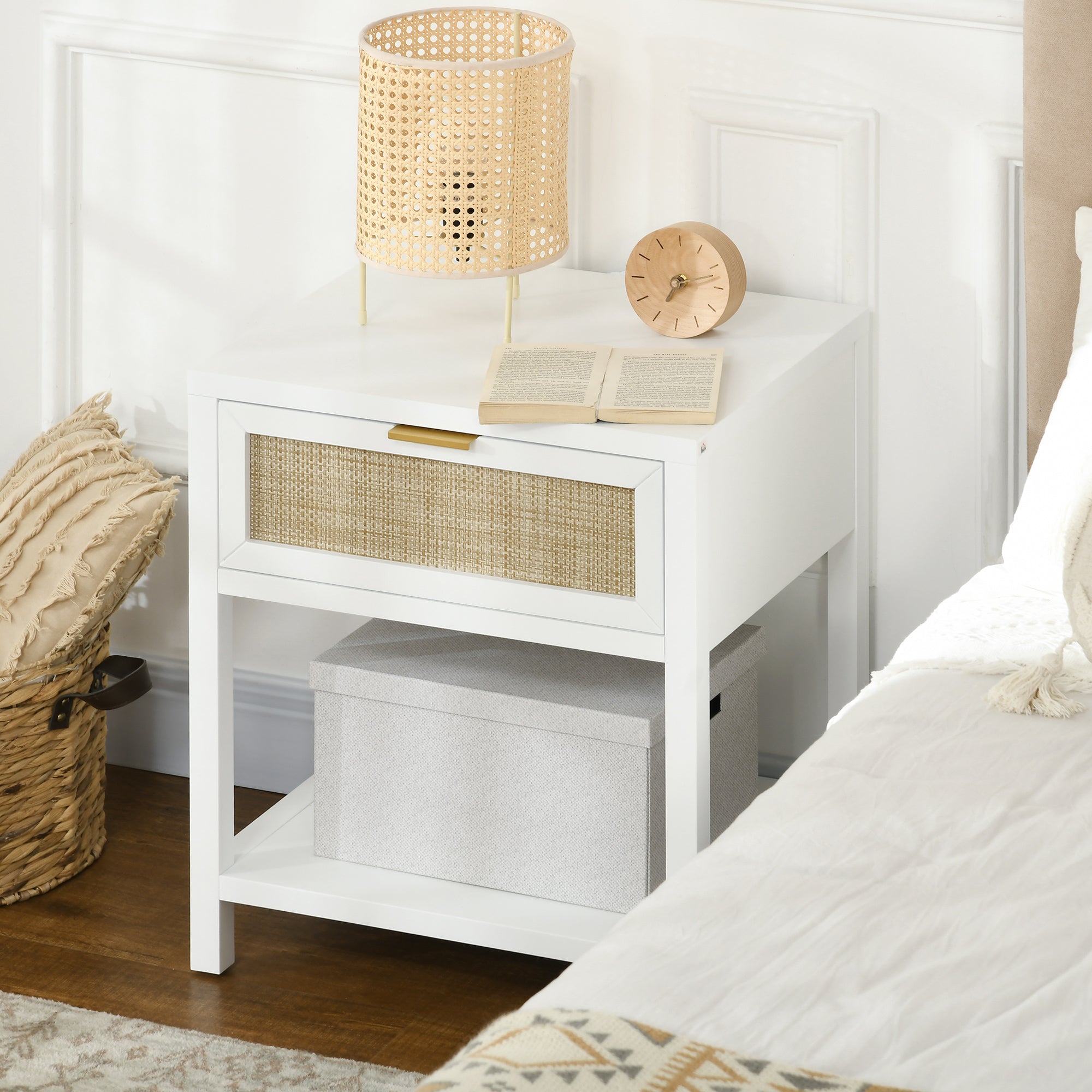 HOMCOM Bedside Table, Boho Nightstand with Drawer, Open Shelf and Rattan Element, Small Side Table for Bedroom, White