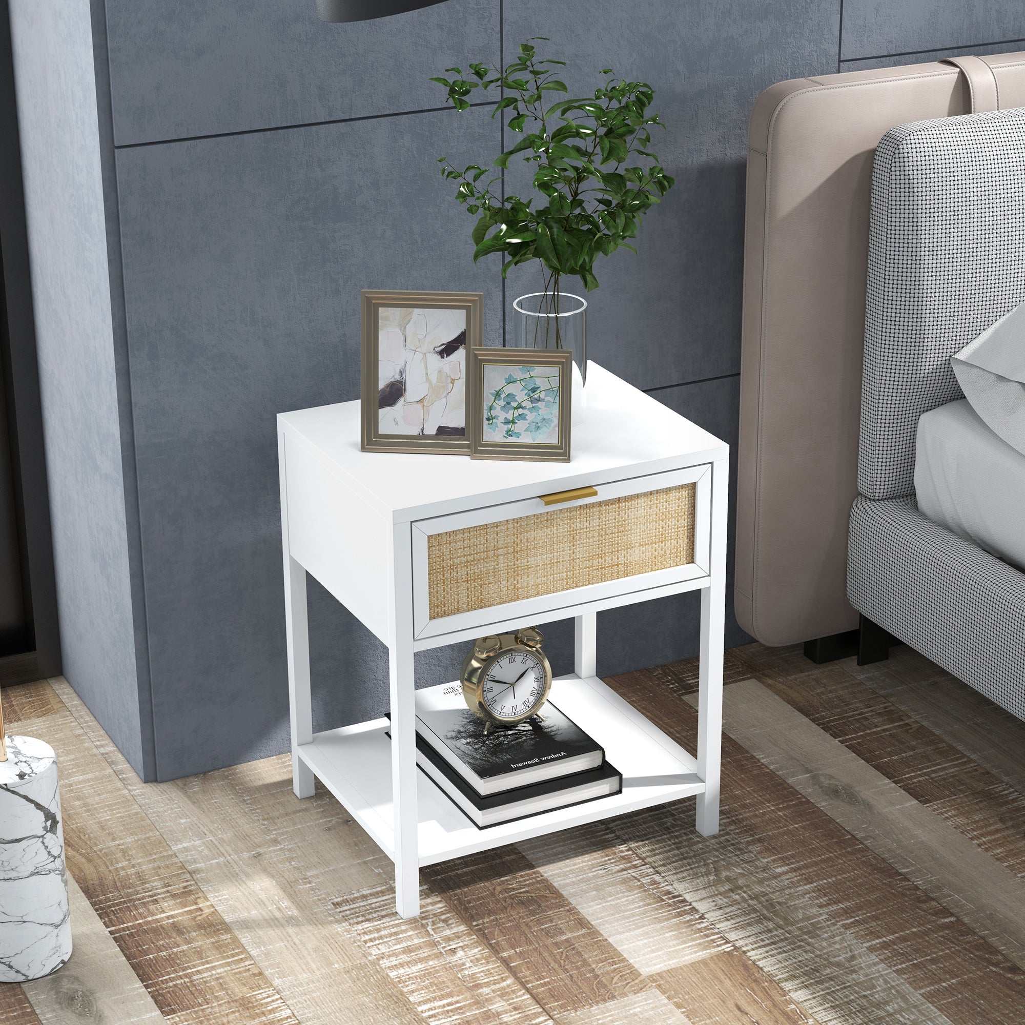 HOMCOM Bedside Table, Boho Nightstand with Drawer, Open Shelf and Rattan Element, Small Side Table for Bedroom, White