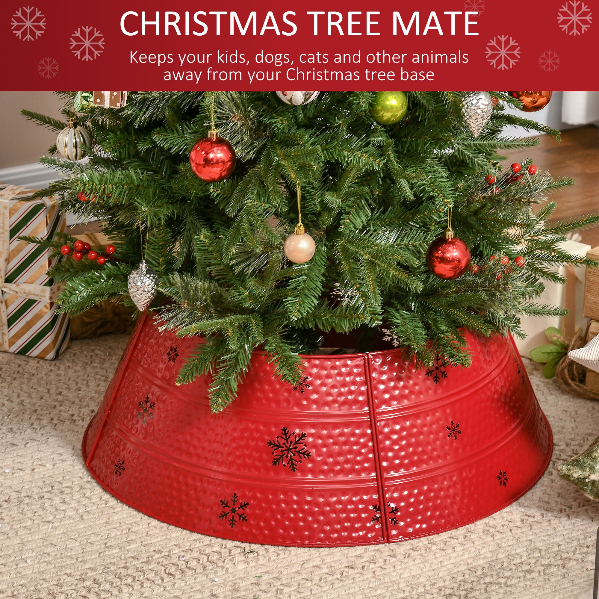 HOMCOM Metal Christmas Tree Collar, 26 Inch Christmas Tree Ring, Xmas Tree Skirt for Artificial Christmas Tree Decoration, Red