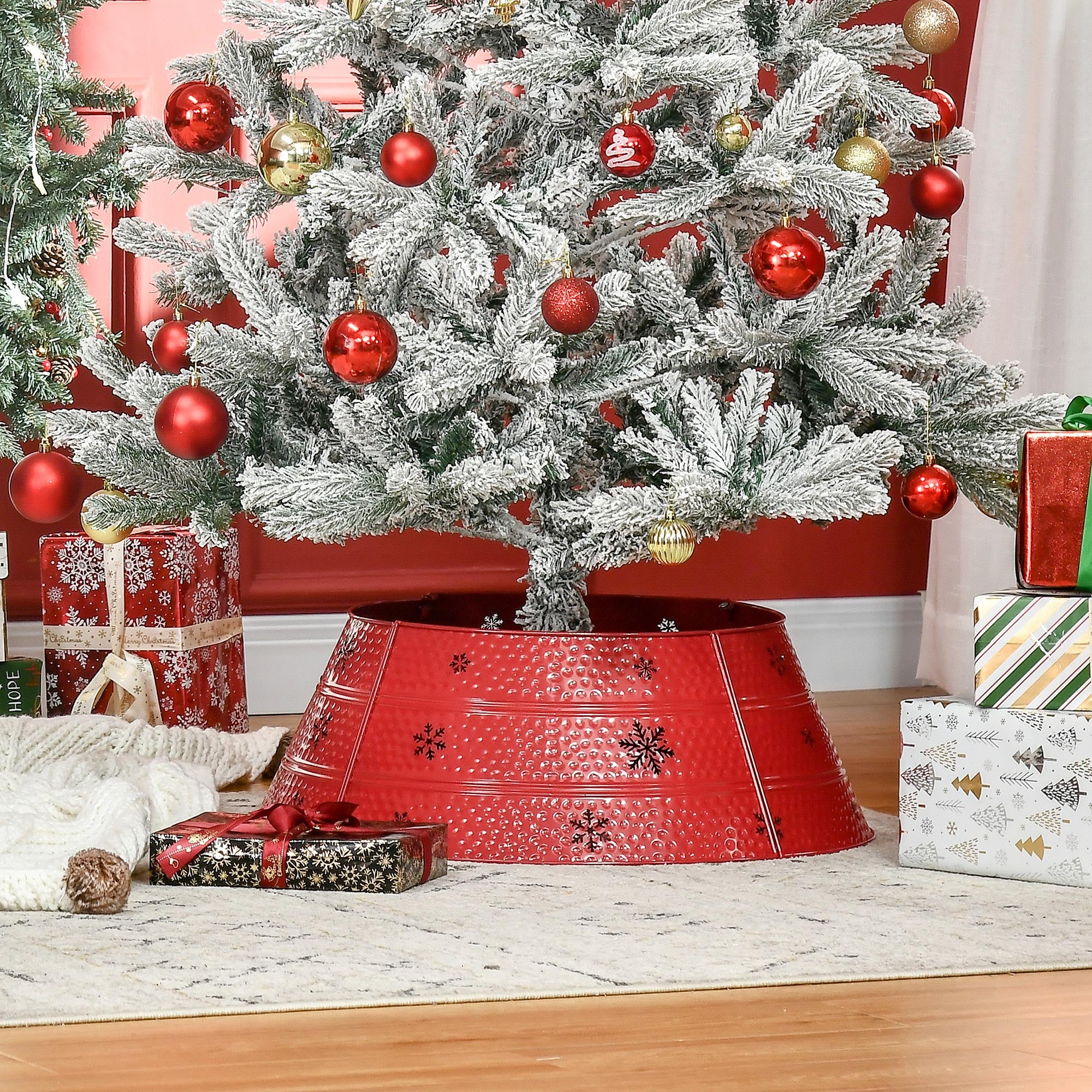 HOMCOM Metal Christmas Tree Collar, 26 Inch Christmas Tree Ring, Xmas Tree Skirt for Artificial Christmas Tree Decoration, Red