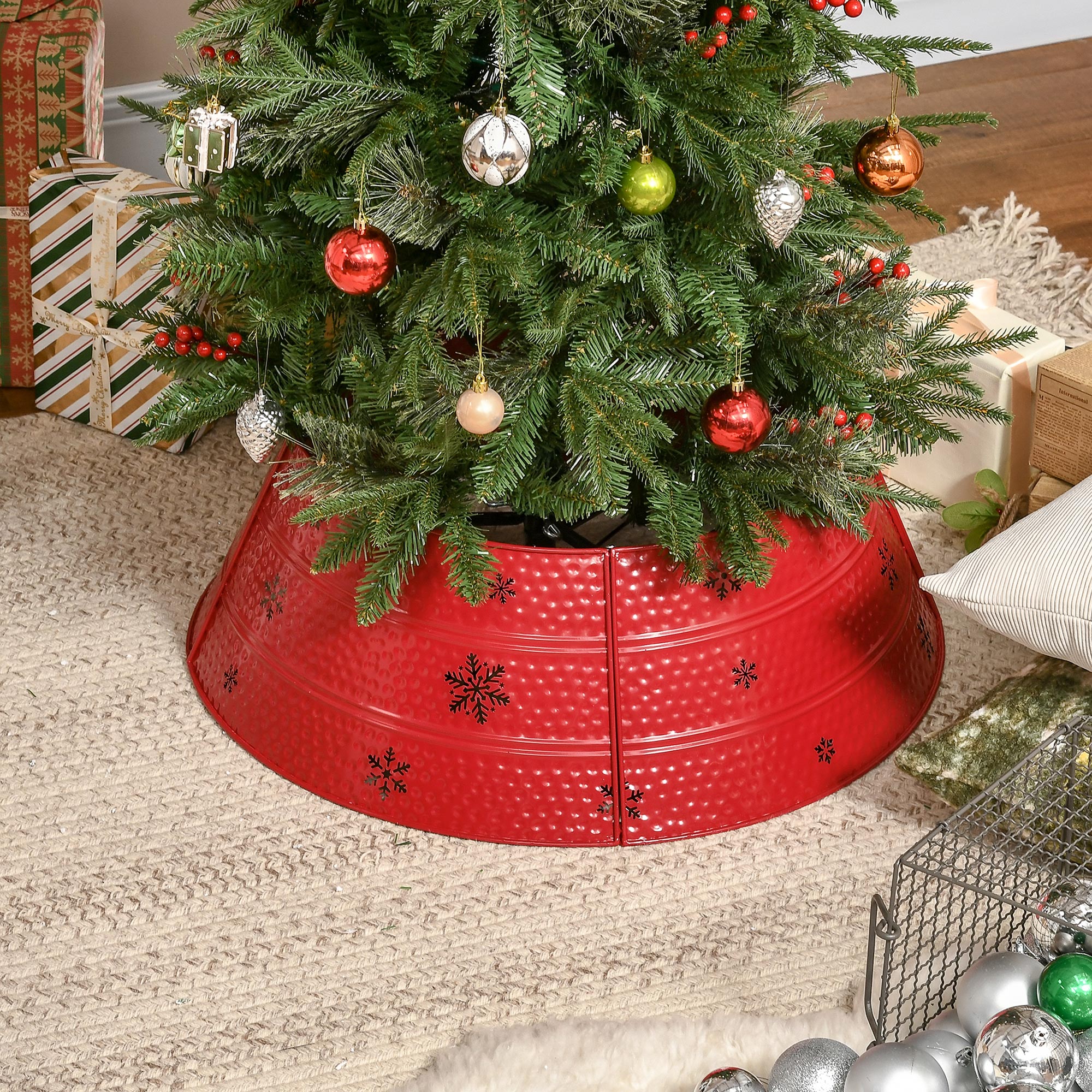 HOMCOM Metal Christmas Tree Collar, 26 Inch Christmas Tree Ring, Xmas Tree Skirt for Artificial Christmas Tree Decoration, Red