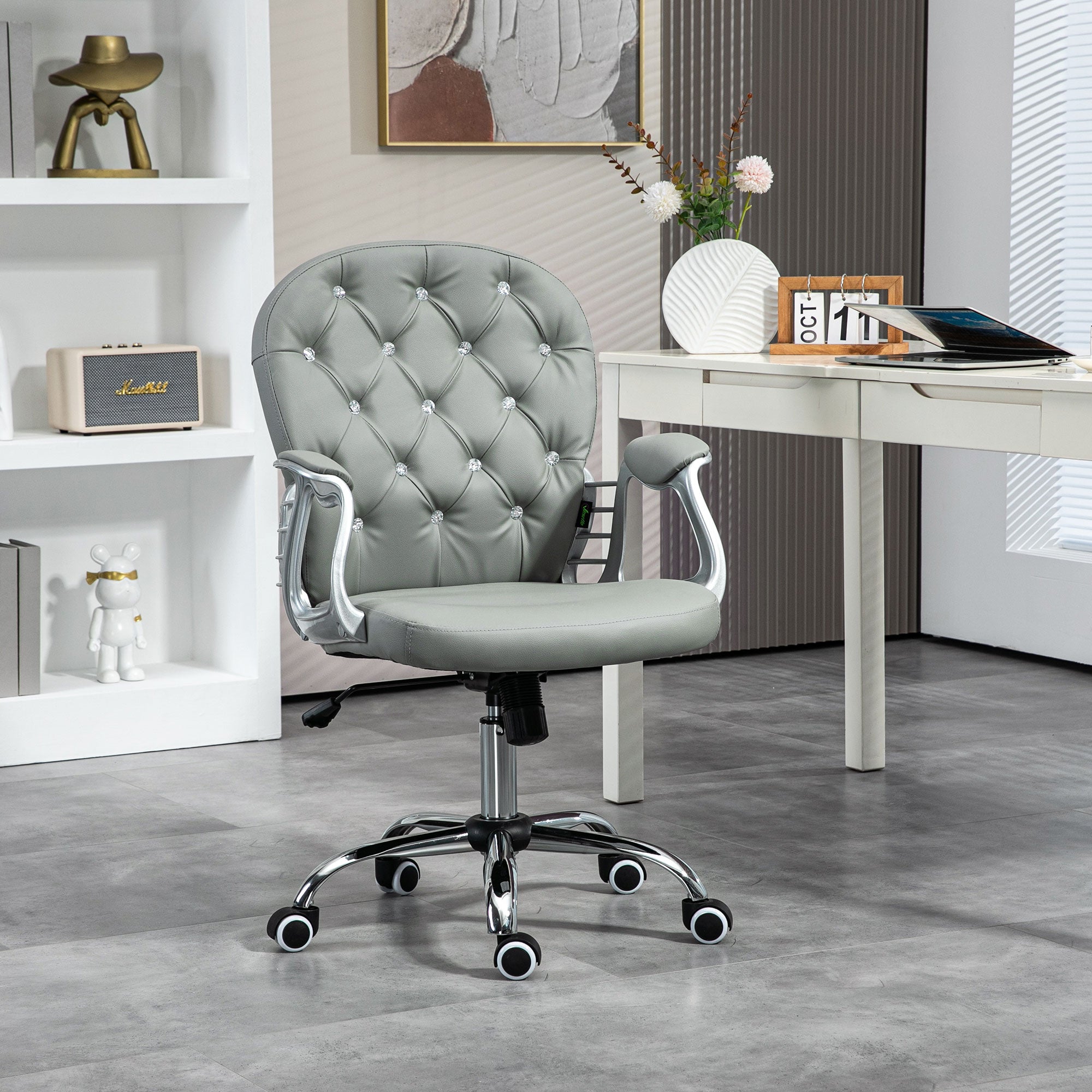 Vinsetto Office Chair, Swivel Desk Chair, PU Vanity Chair with Adjustable Height and Rolling Wheels for Home Work Study, Grey