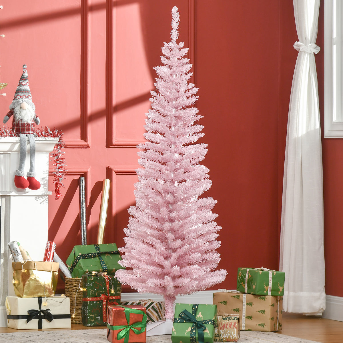 5' Artificial Pencil Christmas Tree, Slim Xmas Tree with 294 Realistic Branch Tips and Plastic Stand, Pink