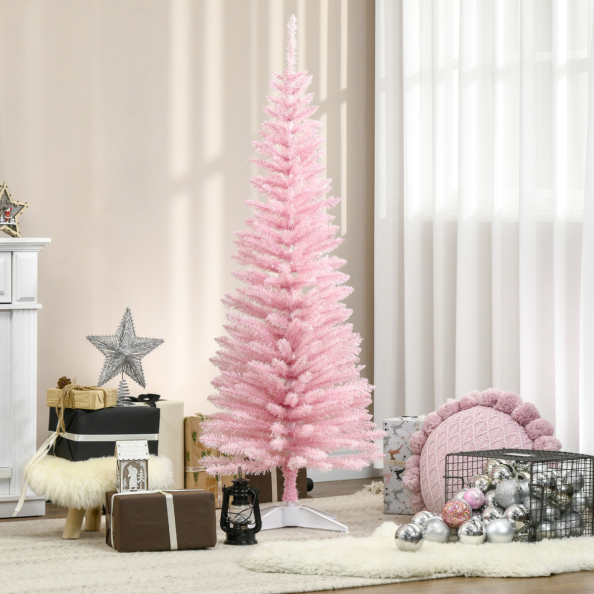 5' Artificial Pencil Christmas Tree, Slim Xmas Tree with 294 Realistic Branch Tips and Plastic Stand, Pink