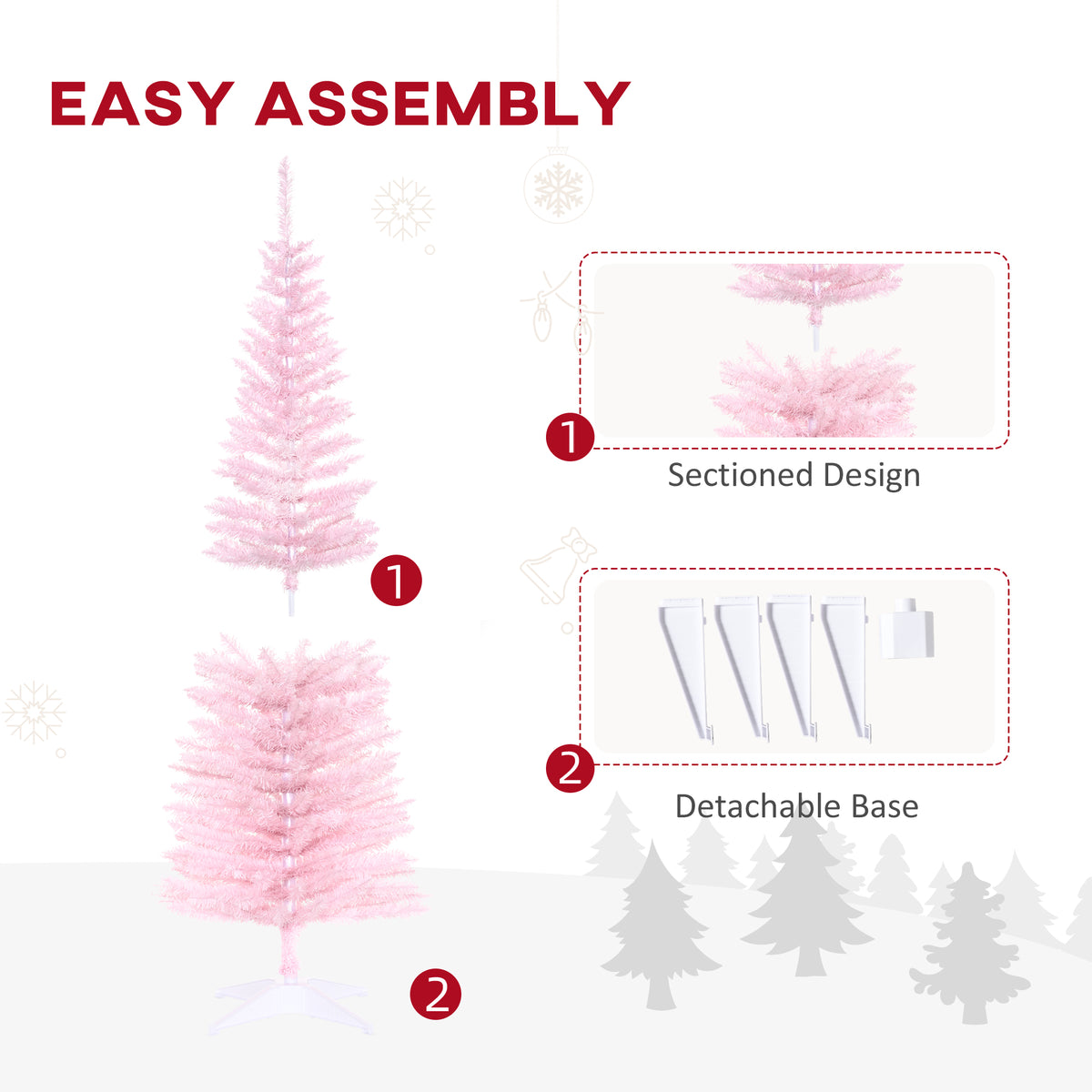 5' Artificial Pencil Christmas Tree, Slim Xmas Tree with 294 Realistic Branch Tips and Plastic Stand, Pink