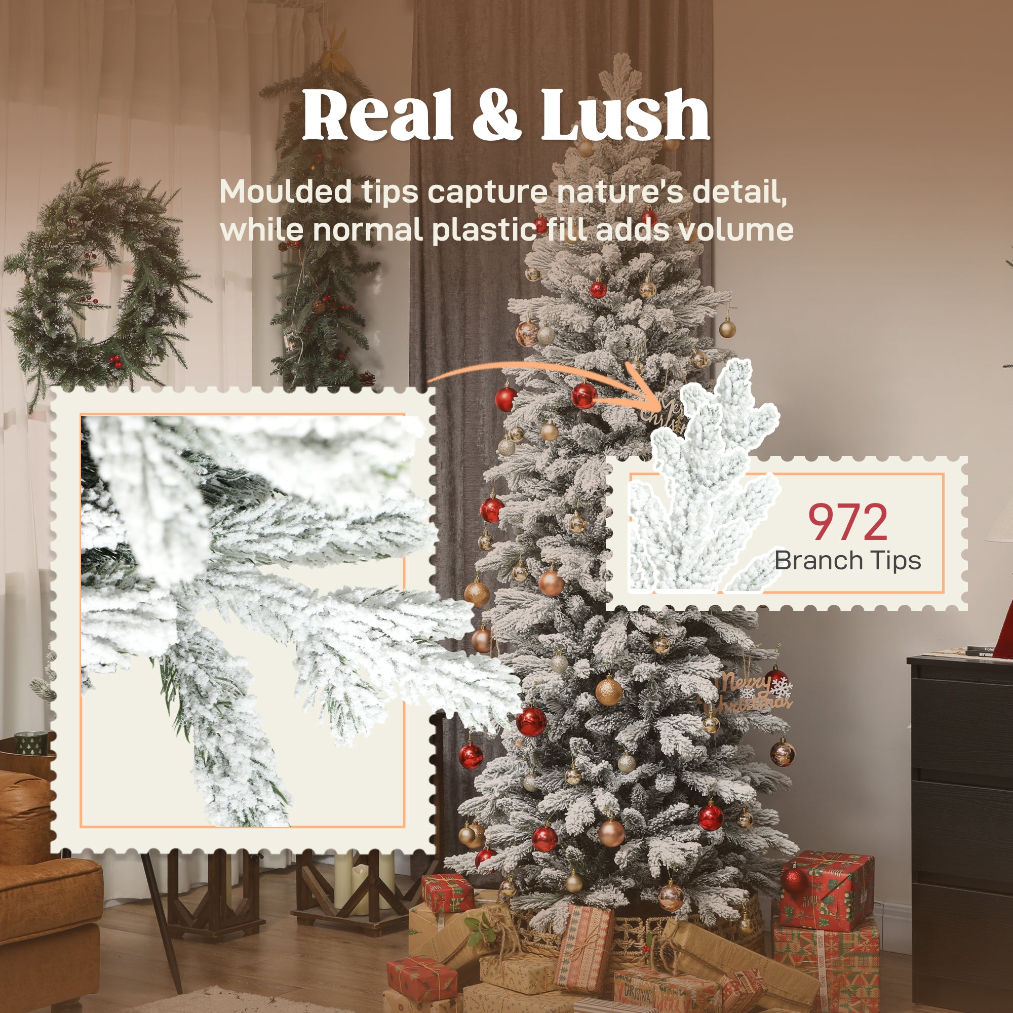 7ft Flocked Christmas Tree, Hinged Pencil Christmas Tree with 972 Tips, Realistic Branches, Easy Assembly, Slim Shape, Artificial Xmas Home Decoration, Green White