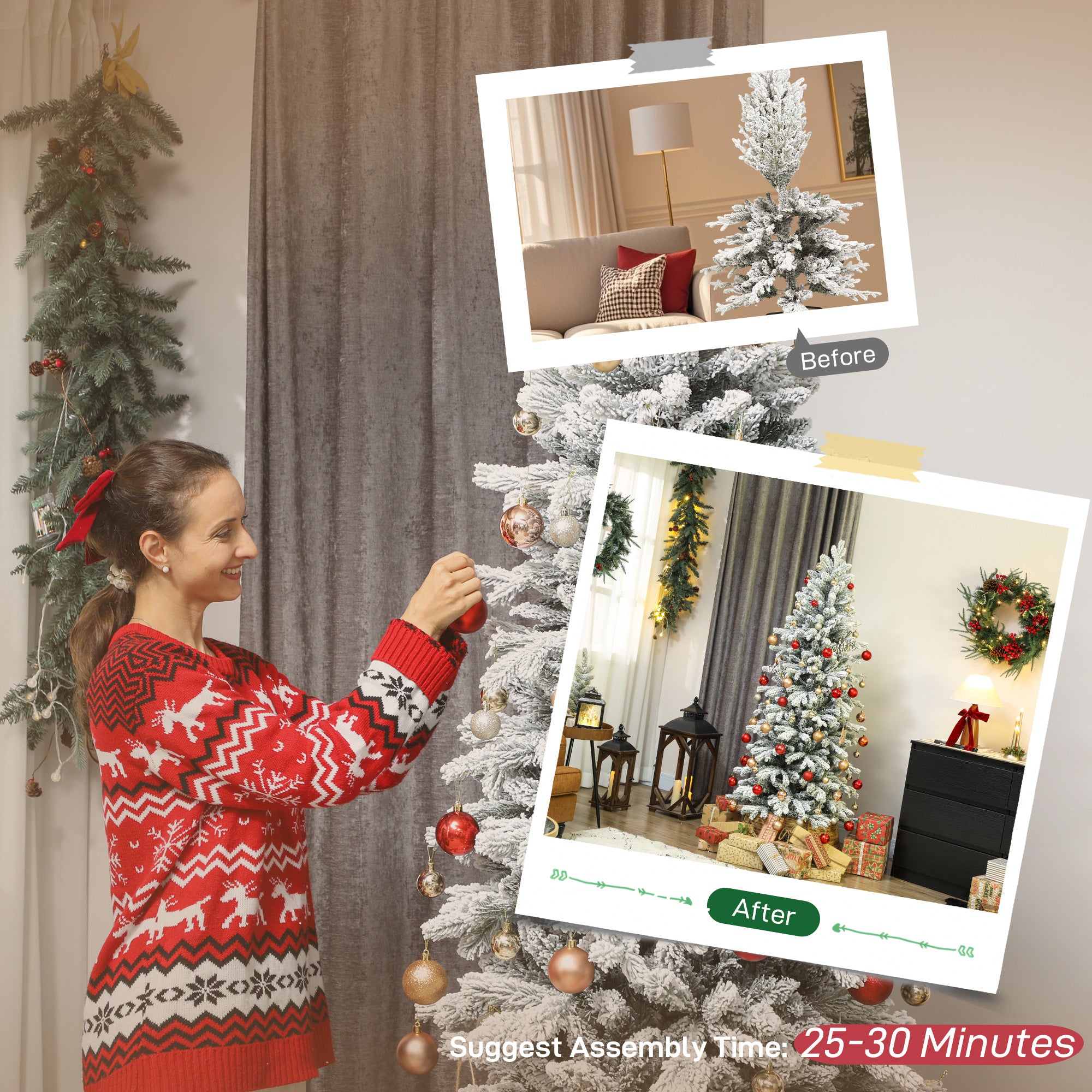 7ft Flocked Christmas Tree, Hinged Pencil Christmas Tree with 972 Tips, Realistic Branches, Easy Assembly, Slim Shape, Artificial Xmas Home Decoration, Green White