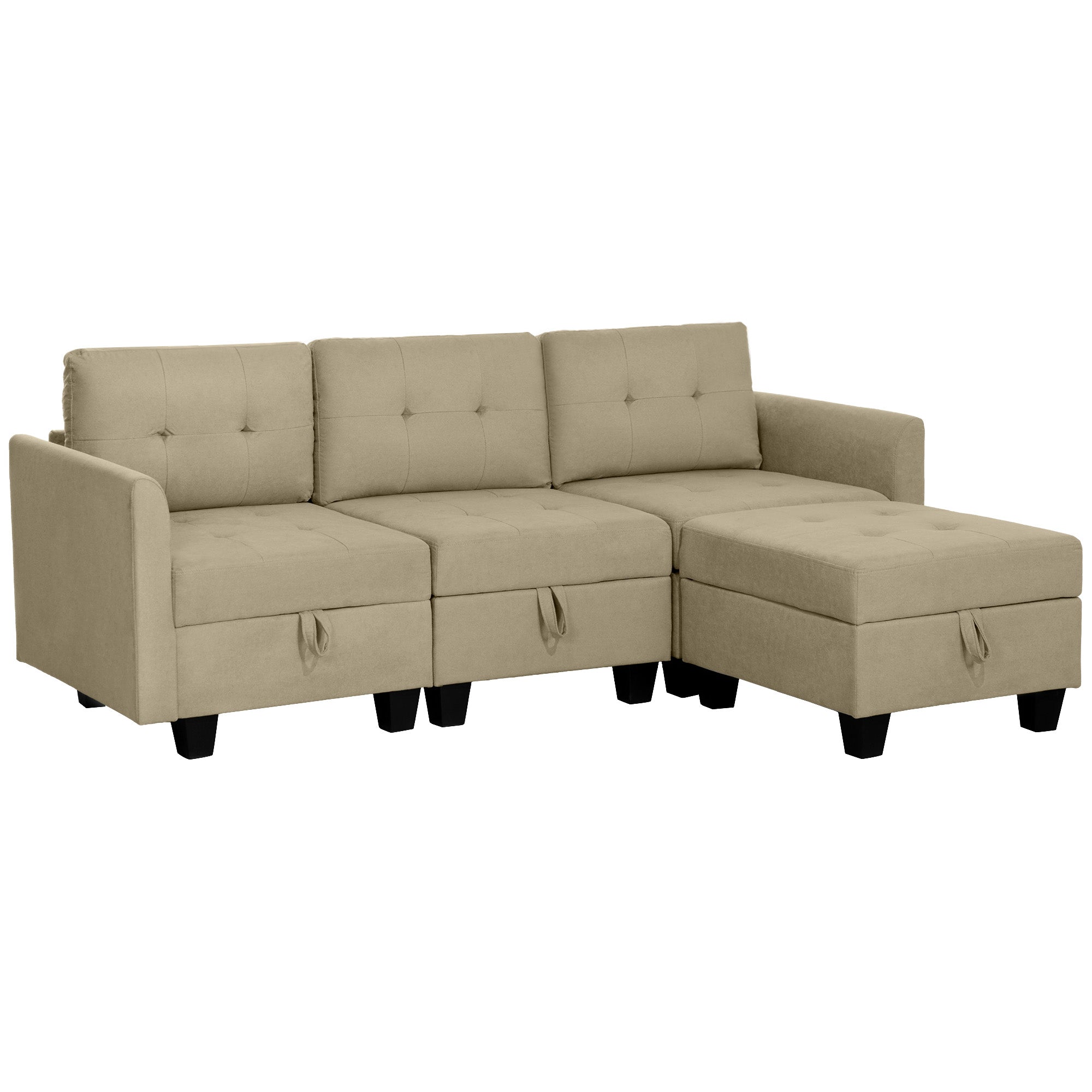 HOMCOM Convertible Modular Sectional Sofa with Storage, Tufted 3 Seater Sofa Set, L Shaped Sofa Couch with Ottoman, Wood Frame for Living Room, Light Brown