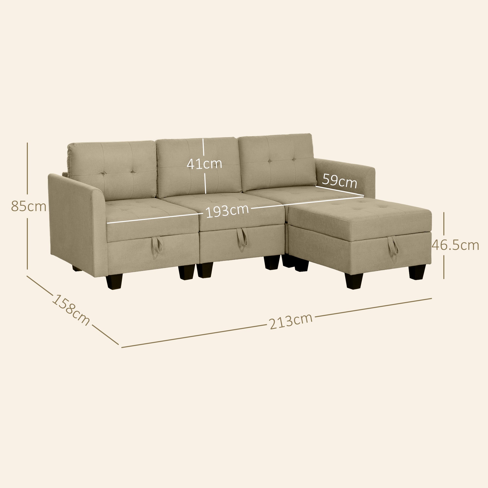 HOMCOM Convertible Modular Sectional Sofa with Storage, Tufted 3 Seater Sofa Set, L Shaped Sofa Couch with Ottoman, Wood Frame for Living Room, Light Brown