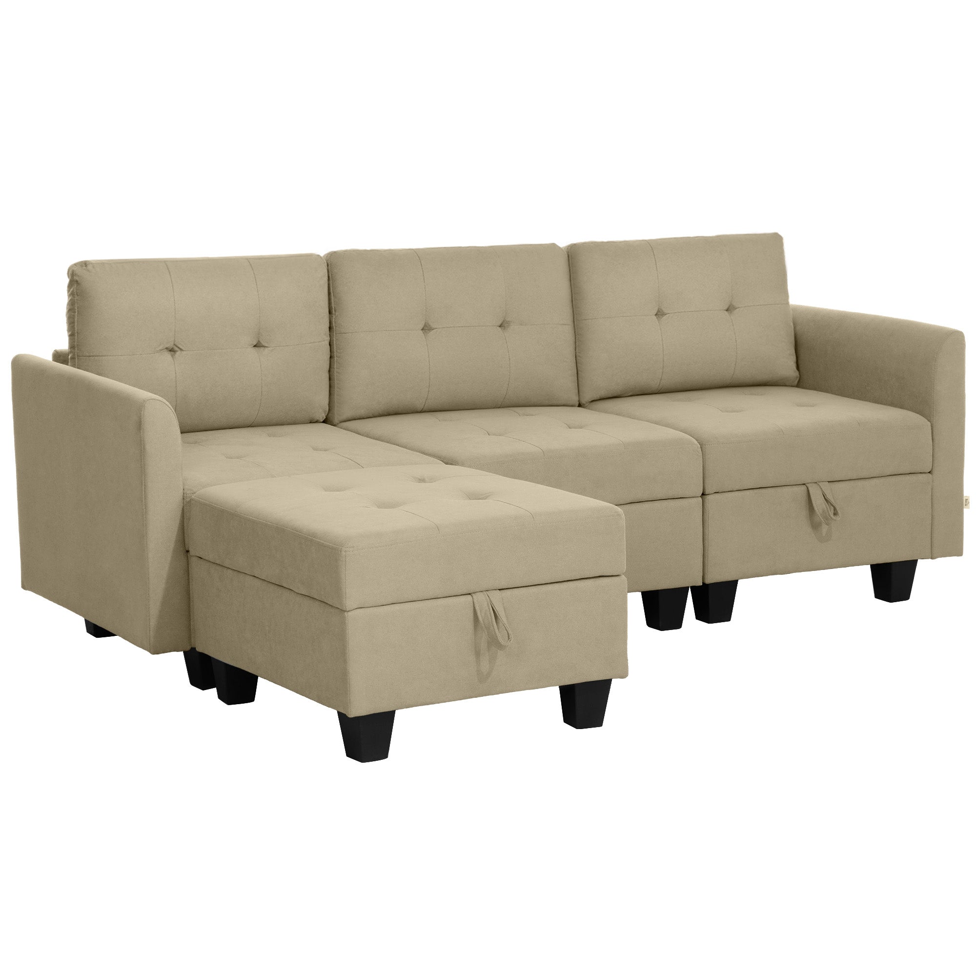 HOMCOM Convertible Modular Sectional Sofa with Storage, Tufted 3 Seater Sofa Set, L Shaped Sofa Couch with Ottoman, Wood Frame for Living Room, Light Brown