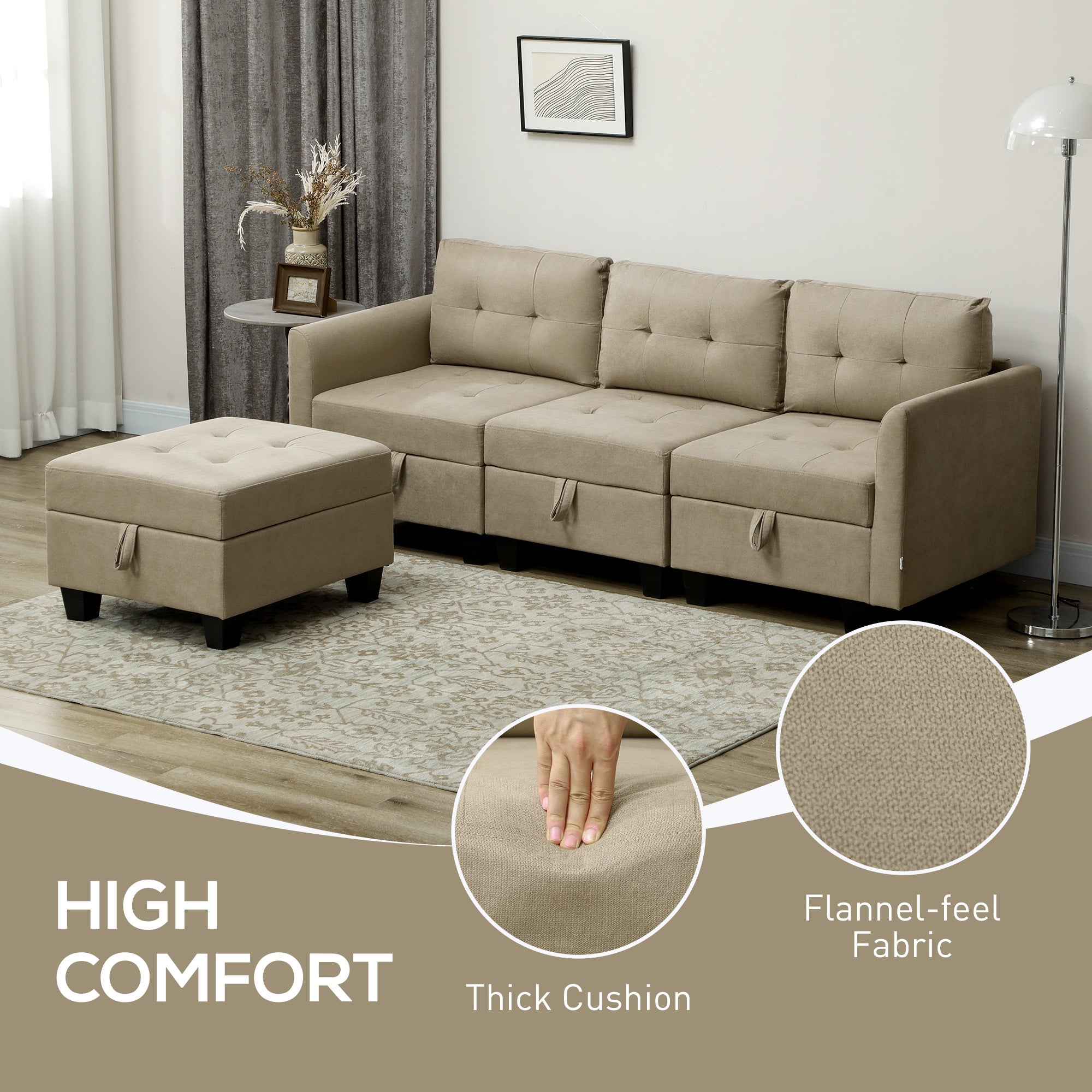 HOMCOM Convertible Modular Sectional Sofa with Storage, Tufted 3 Seater Sofa Set, L Shaped Sofa Couch with Ottoman, Wood Frame for Living Room, Light Brown