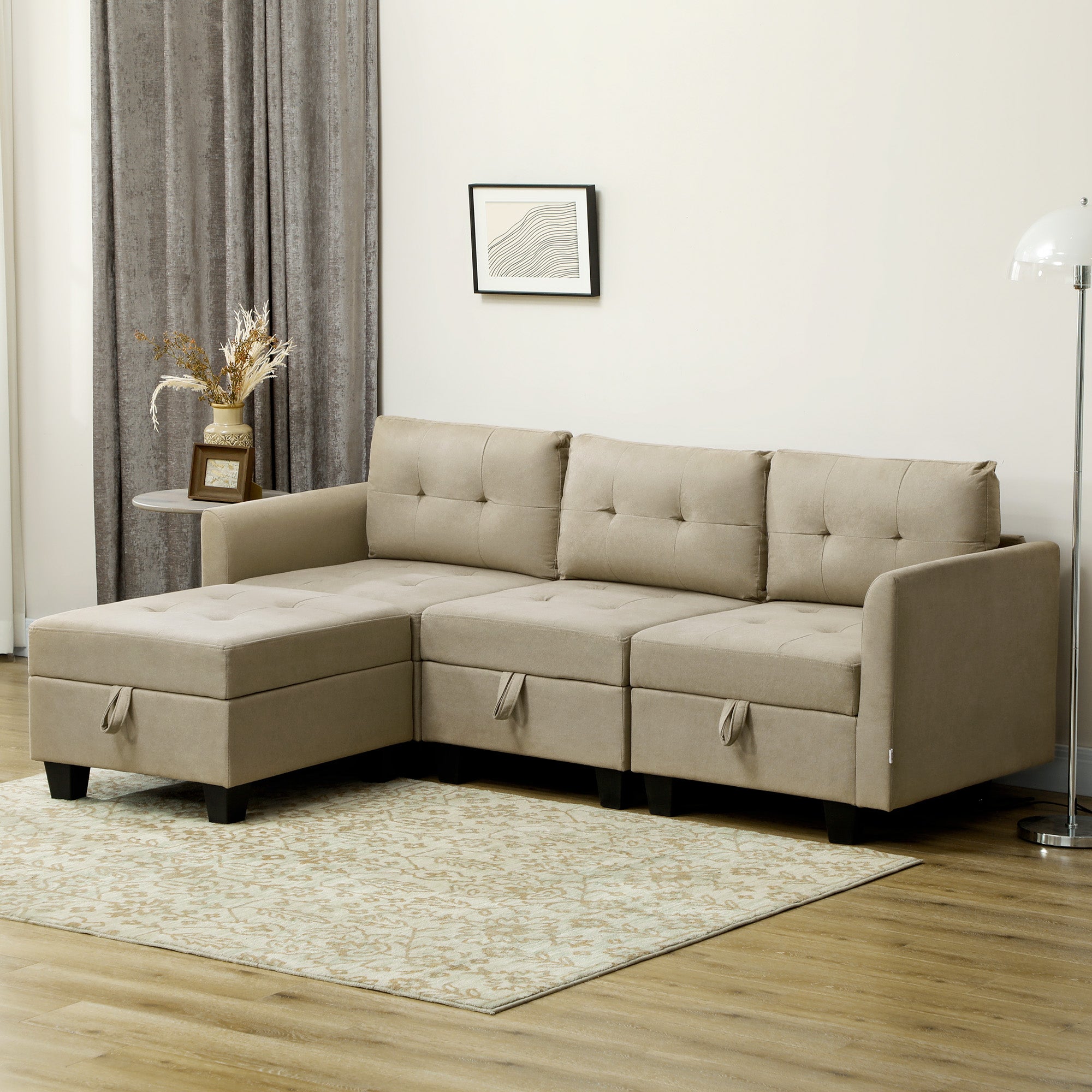 HOMCOM Convertible Modular Sectional Sofa with Storage, Tufted 3 Seater Sofa Set, L Shaped Sofa Couch with Ottoman, Wood Frame for Living Room, Light Brown