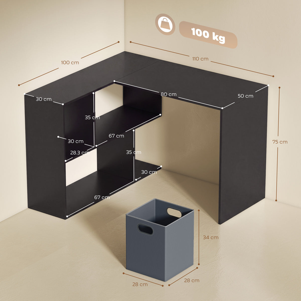 110 cm L-Shaped Desk, Small Computer Desk with Fabric Drawer and Storage Shelves for Home Office, Study, Black