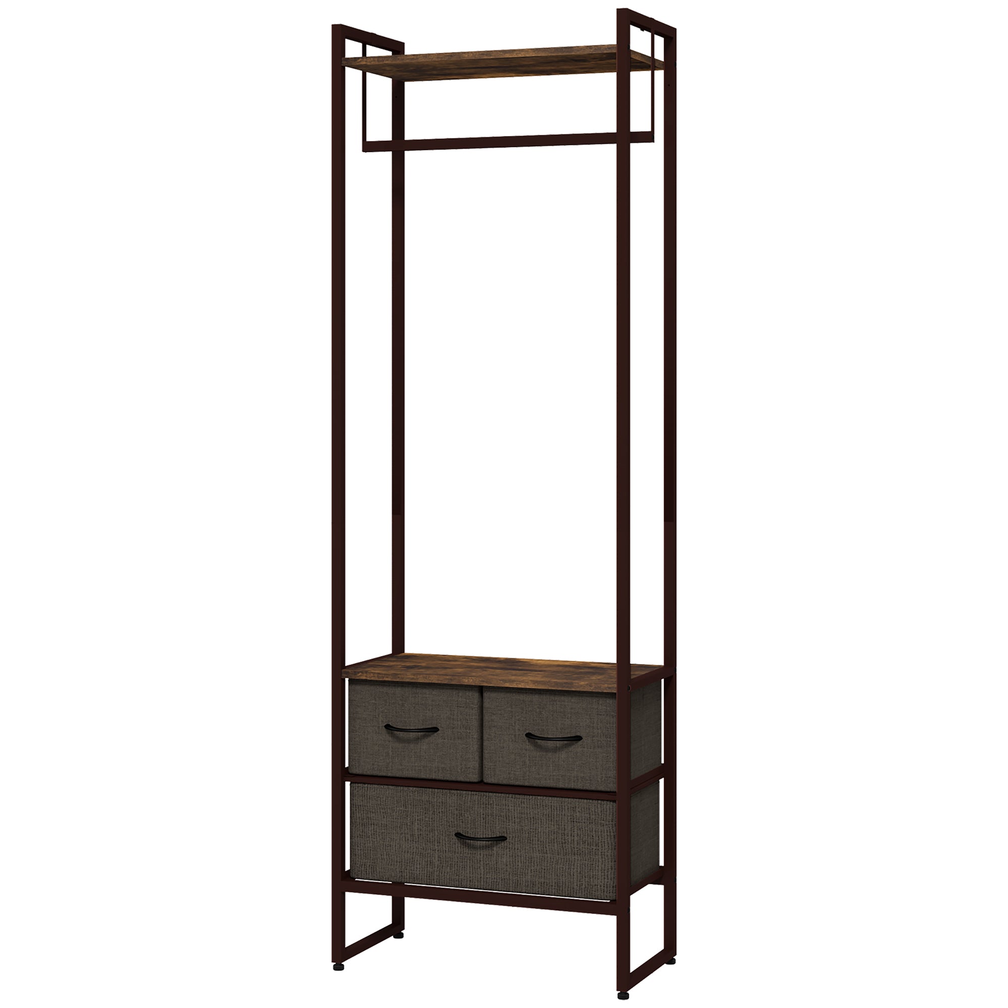 Free Standing Clothes Rail with 3 Fabric Drawers and Storage Shelves, Garment Rack, Hanging Rail for Hallway, Bedroom and Living Room, Rustic Brown