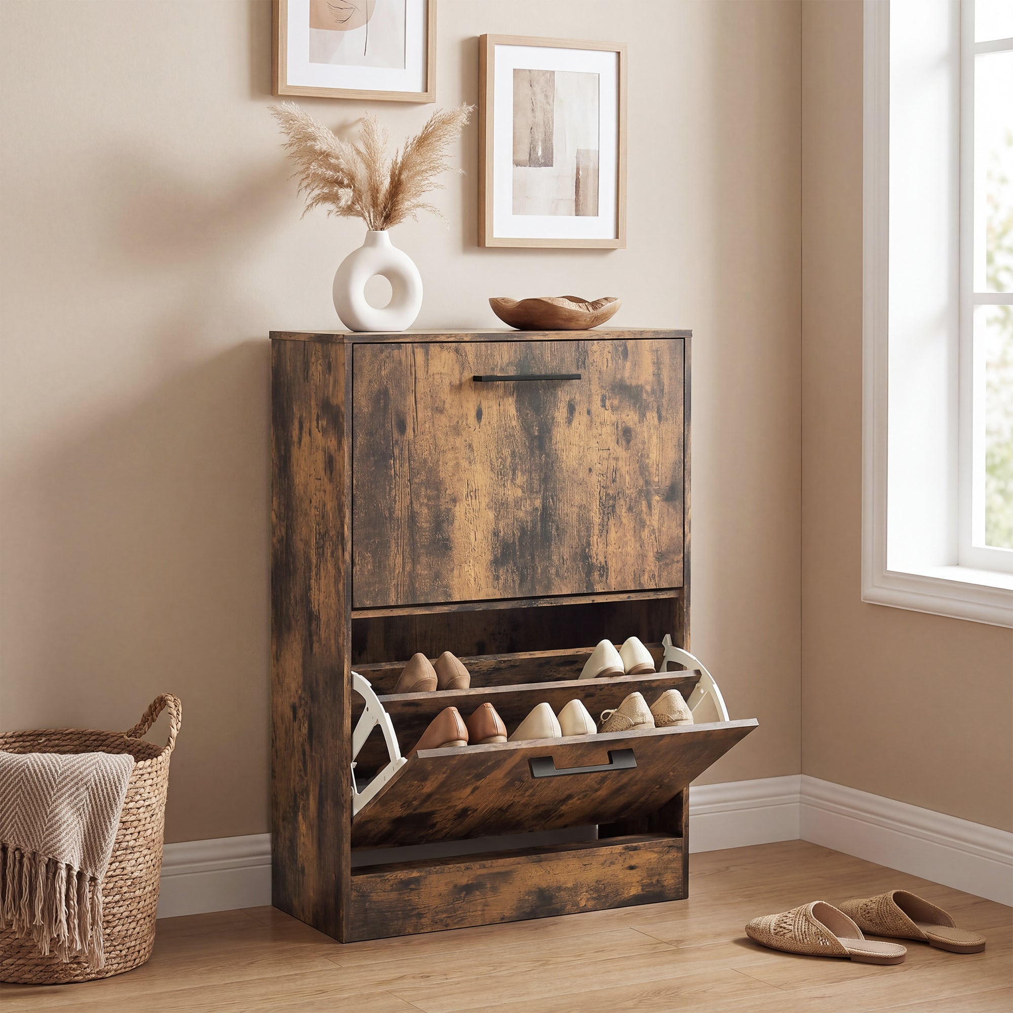 Shoe Cabinet with 2 Flip Drawers, Modern Narrow Shoe Storage Cabinet with Adjustable Dividers, Entryway Storage Unit for up to 12 Pairs for Hallway, Living Room, Rustic Brown