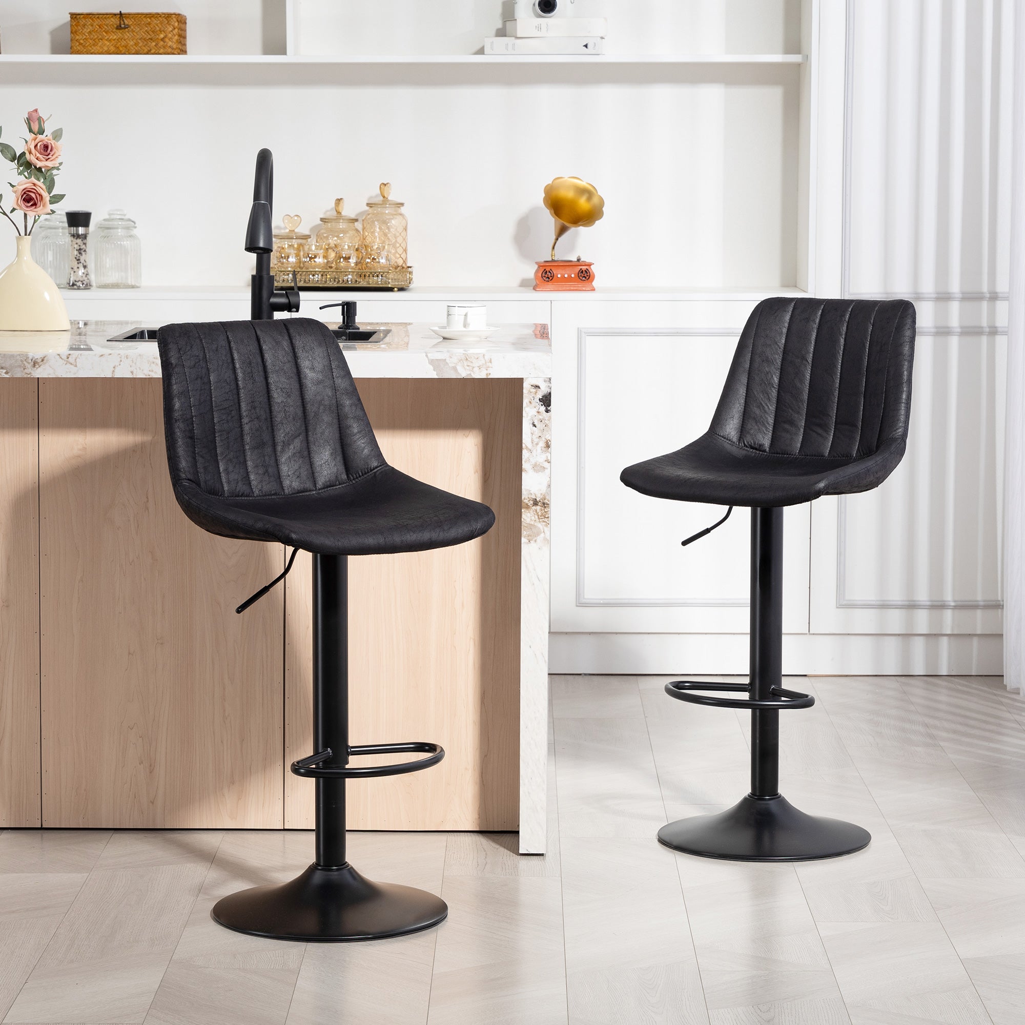 Modern Bar Stools Set of 2, Height Adjustable Swivel Bar Chairs with Backrest, Gas Lift and Footrest, Leathaire Barstools for Breakfast Counter, Kitchen Island, Black