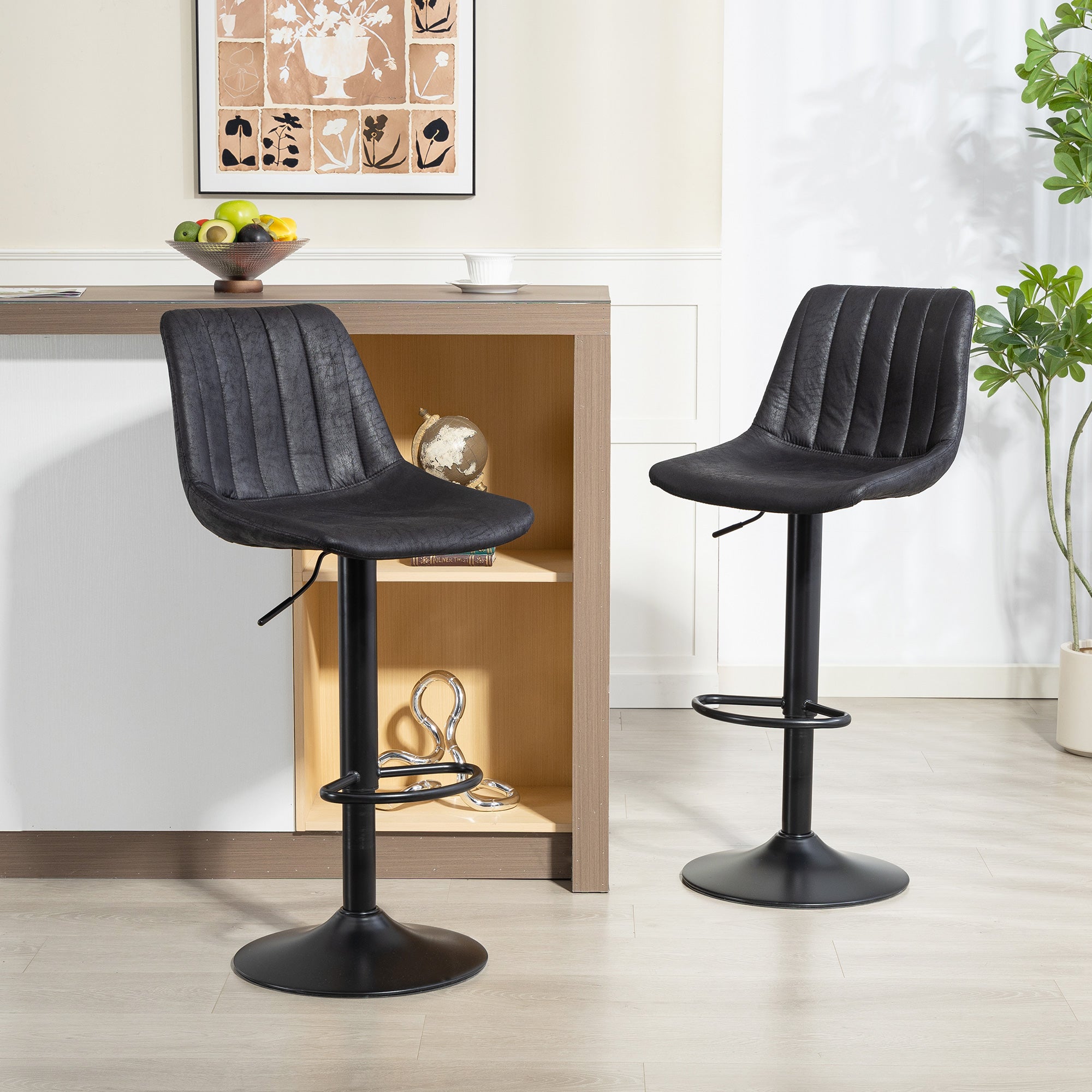 Modern Bar Stools Set of 2, Height Adjustable Swivel Bar Chairs with Backrest, Gas Lift and Footrest, Leathaire Barstools for Breakfast Counter, Kitchen Island, Black