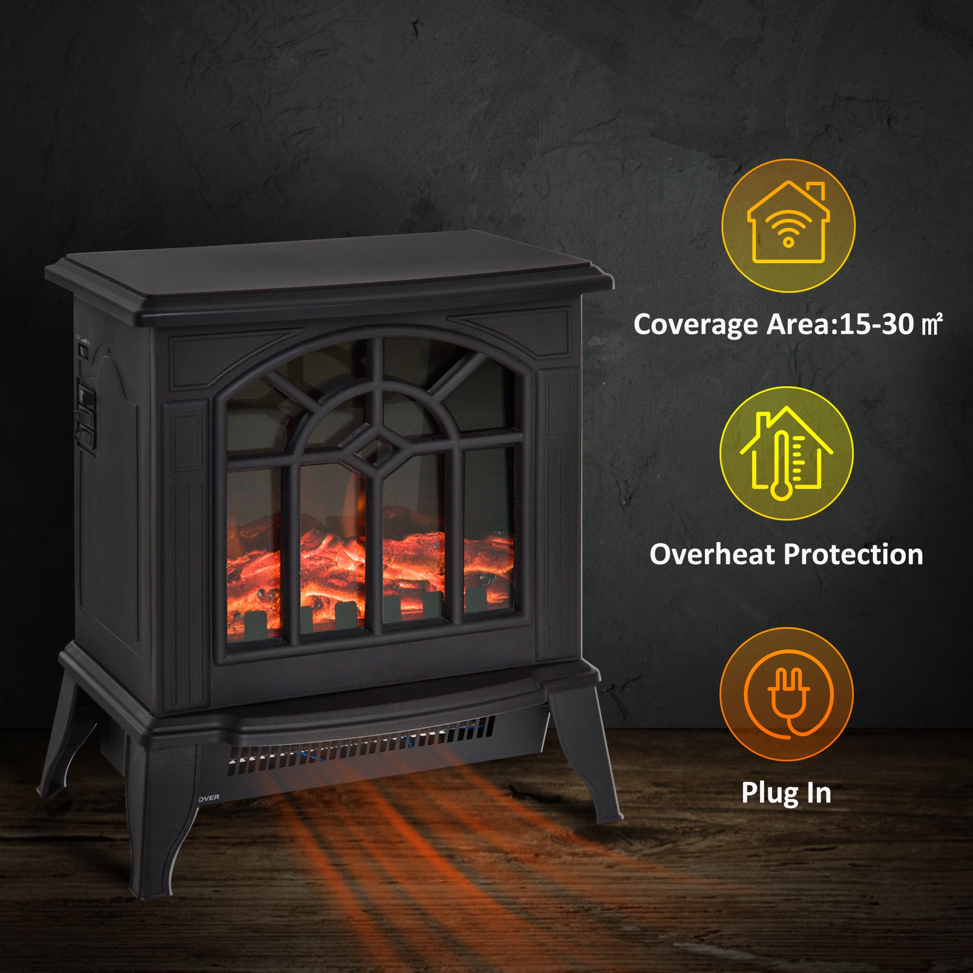 1000W/2000W Freestanding Electrical Fireplace Indoor Heater Stove Log Wood LED Burning Effect Flame with Thermostat Control Black