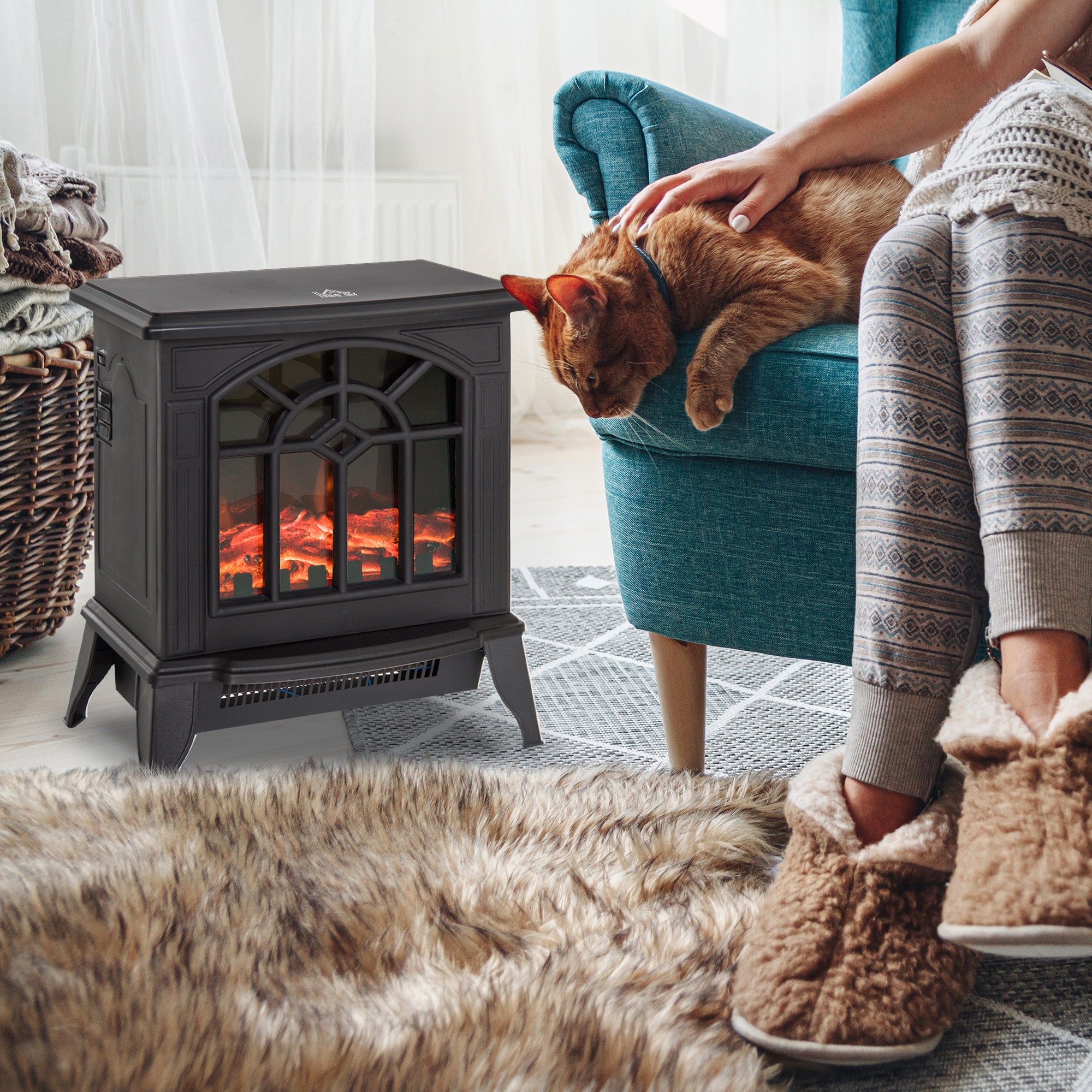 1000W/2000W Freestanding Electrical Fireplace Indoor Heater Stove Log Wood LED Burning Effect Flame with Thermostat Control Black