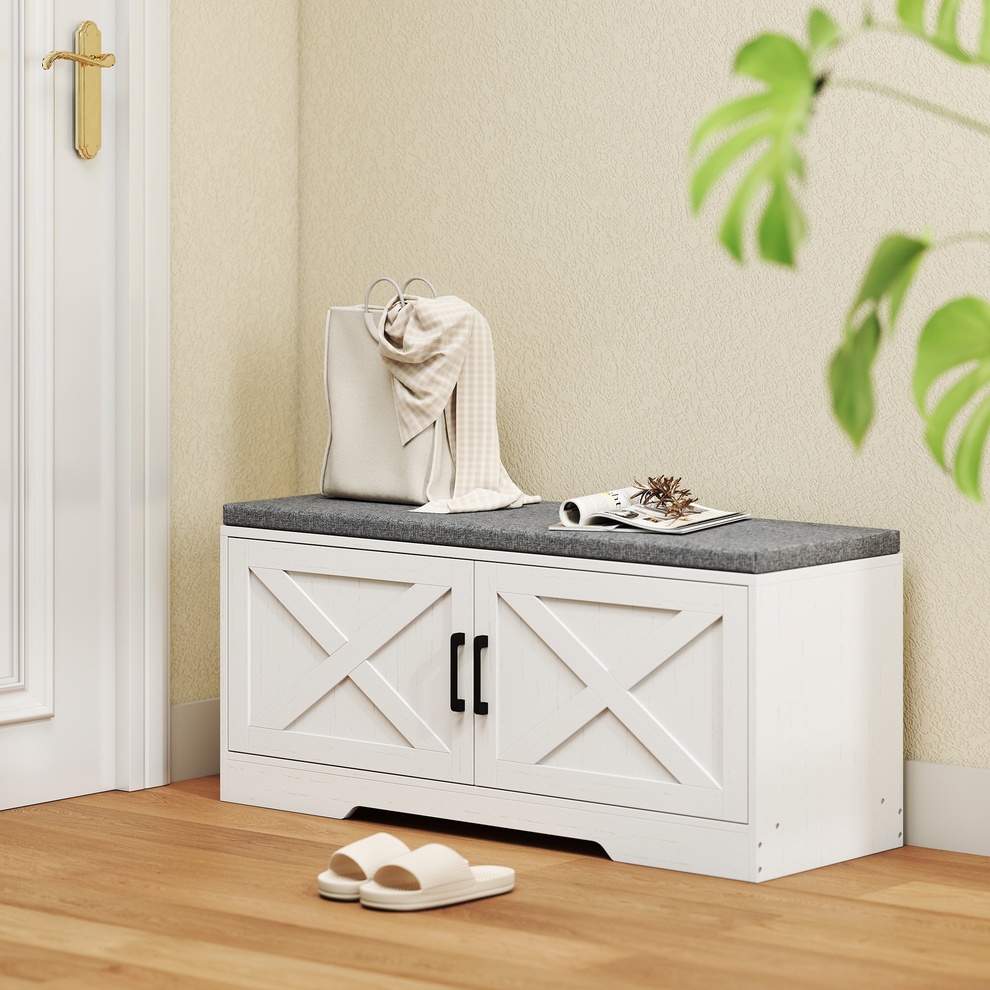 2-Tier Shoe Storage Bench, Shoe Bench with Cushion, Adjustable Shelves & 2 Doors, Modern Farmhouse Style Entryway Cabinet for Hallway, Bedroom, White