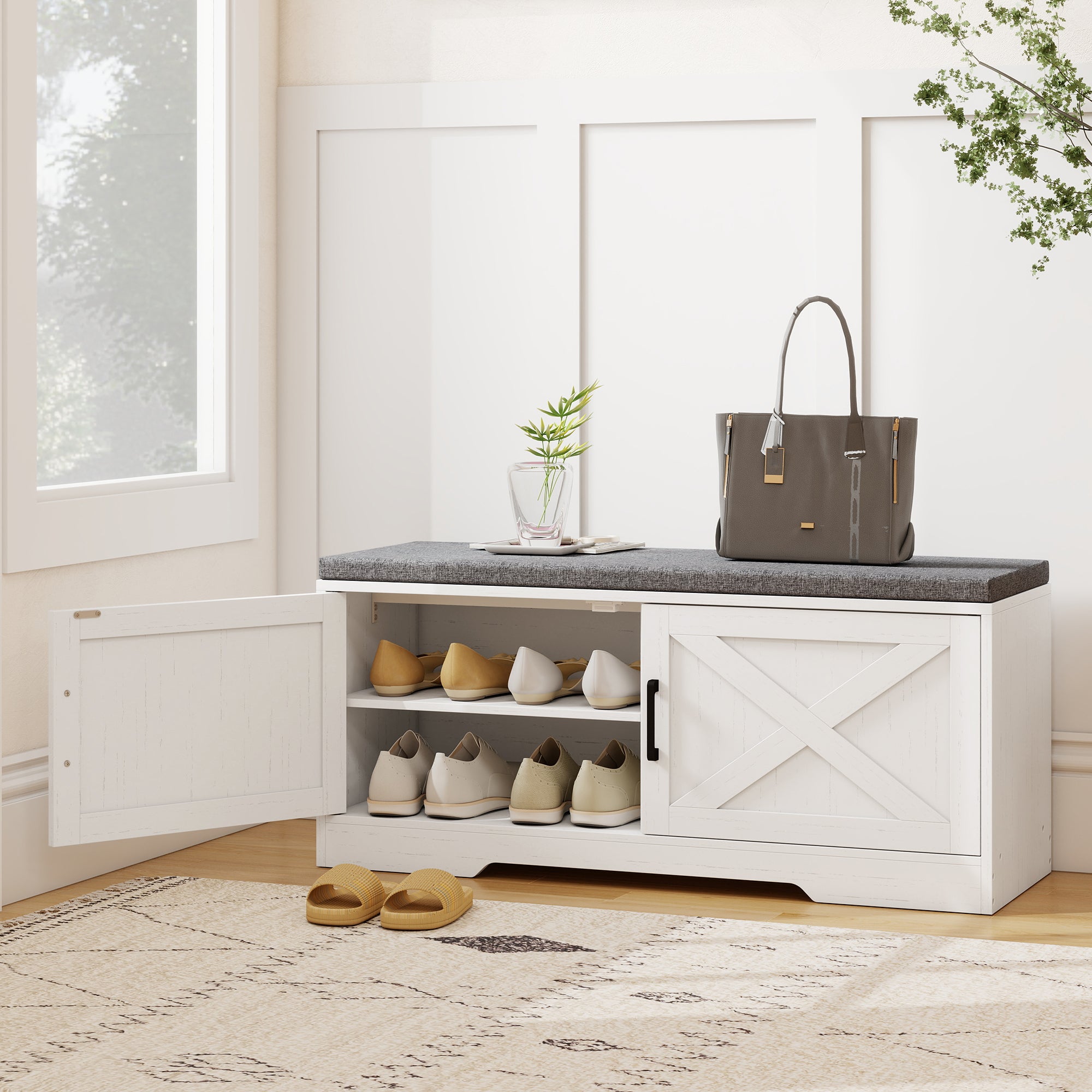 2-Tier Shoe Storage Bench, Shoe Bench with Cushion, Adjustable Shelves & 2 Doors, Modern Farmhouse Style Entryway Cabinet for Hallway, Bedroom, White