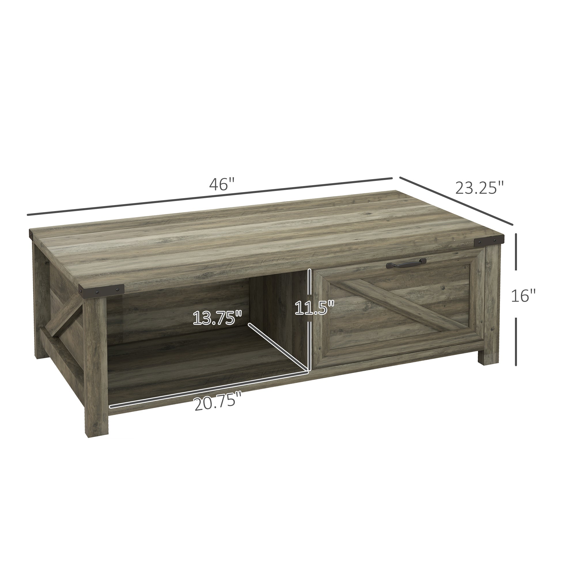 Farmhouse Coffee Table w/ Storage, Drawer & Open Shelf, Rustic Living Room Table, Gray Oak