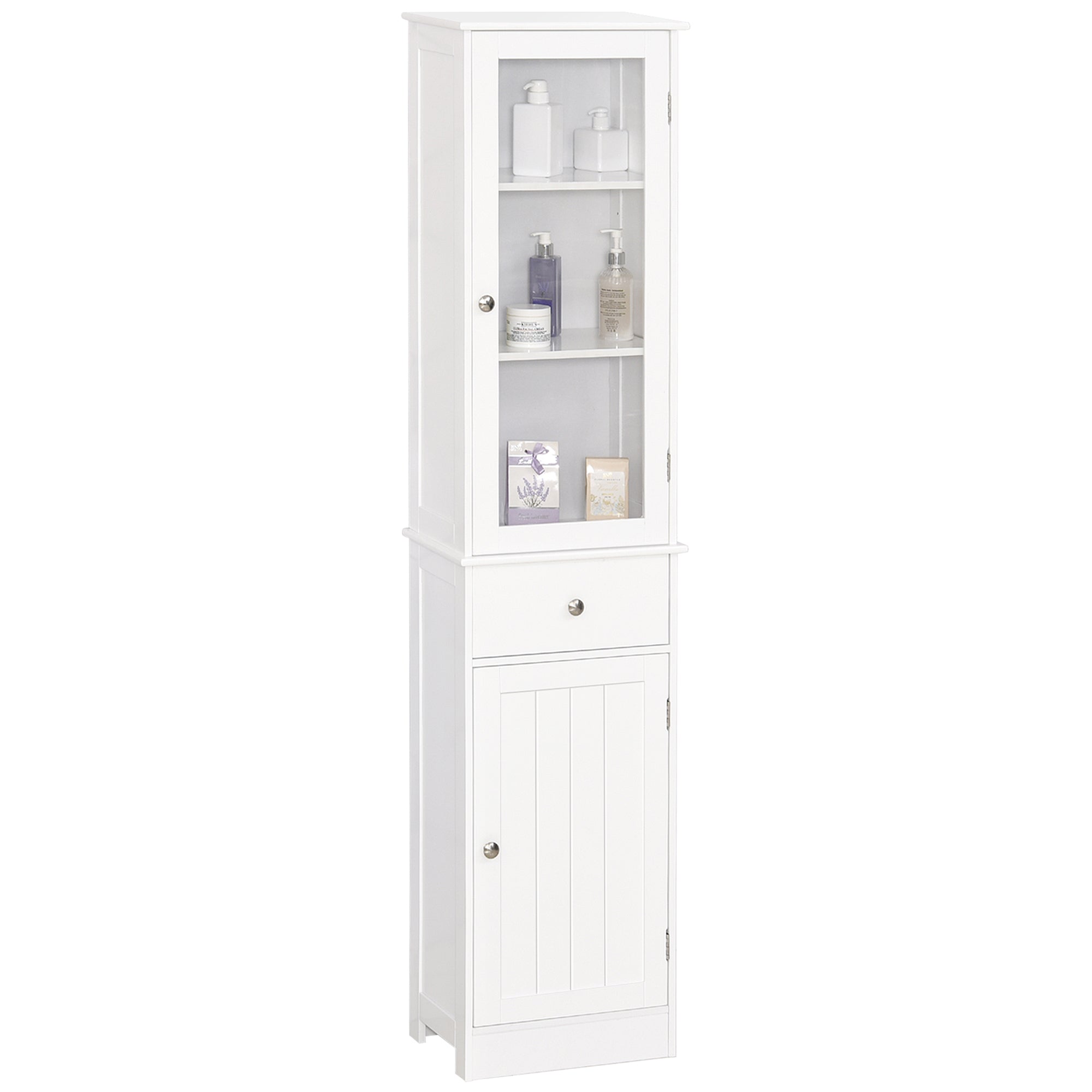 kleankin Bathroom Storage Cabinet with 3-tier Shelf Drawer Door, Floor Cabinet Free Standing Tall Slim Side Organizer Shelves, White